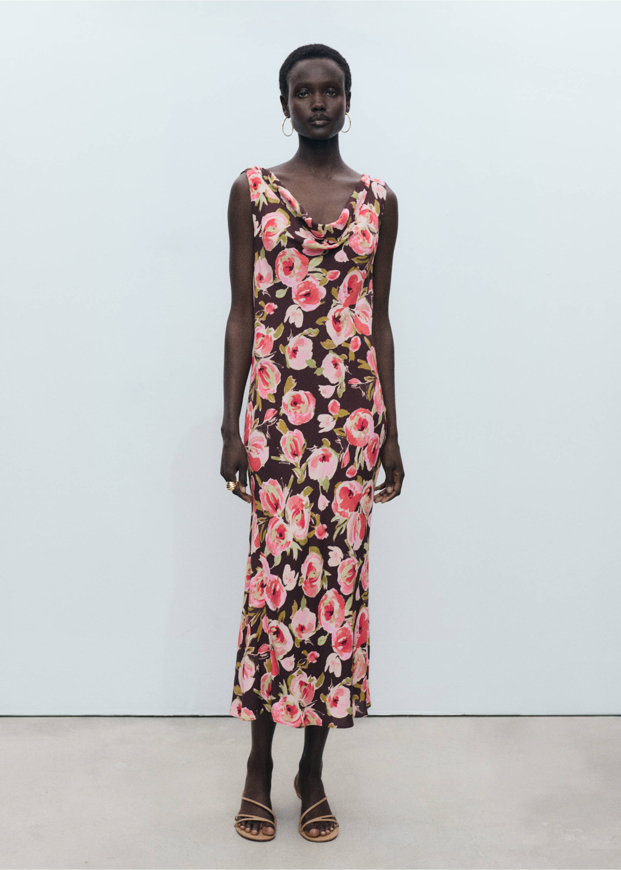 Floral dress with draped neck - General plane, Brown. Ref: 87007200-00.