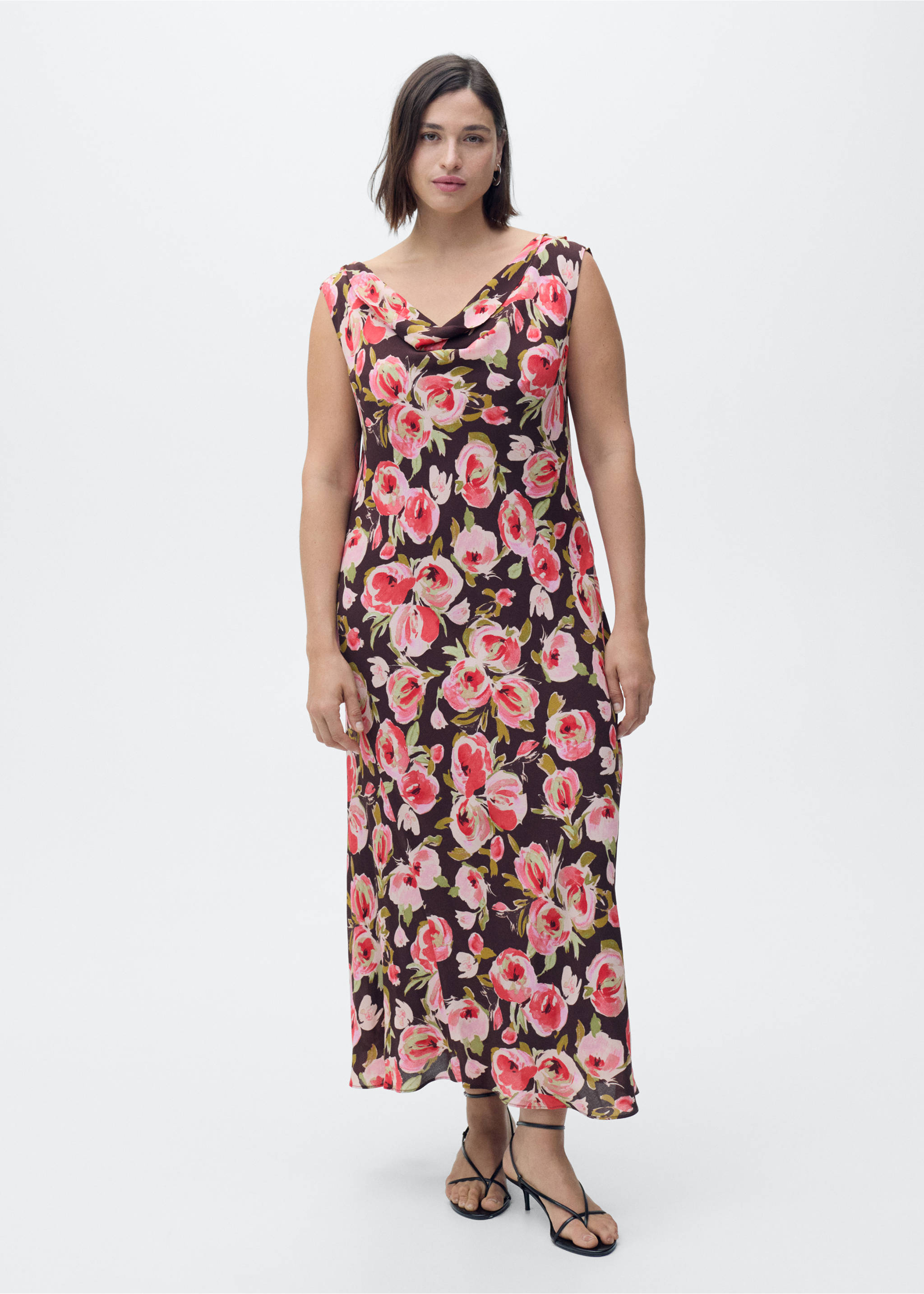 Floral dress with draped neck - Details of the article 3, Brown. Ref: 87007200-00.