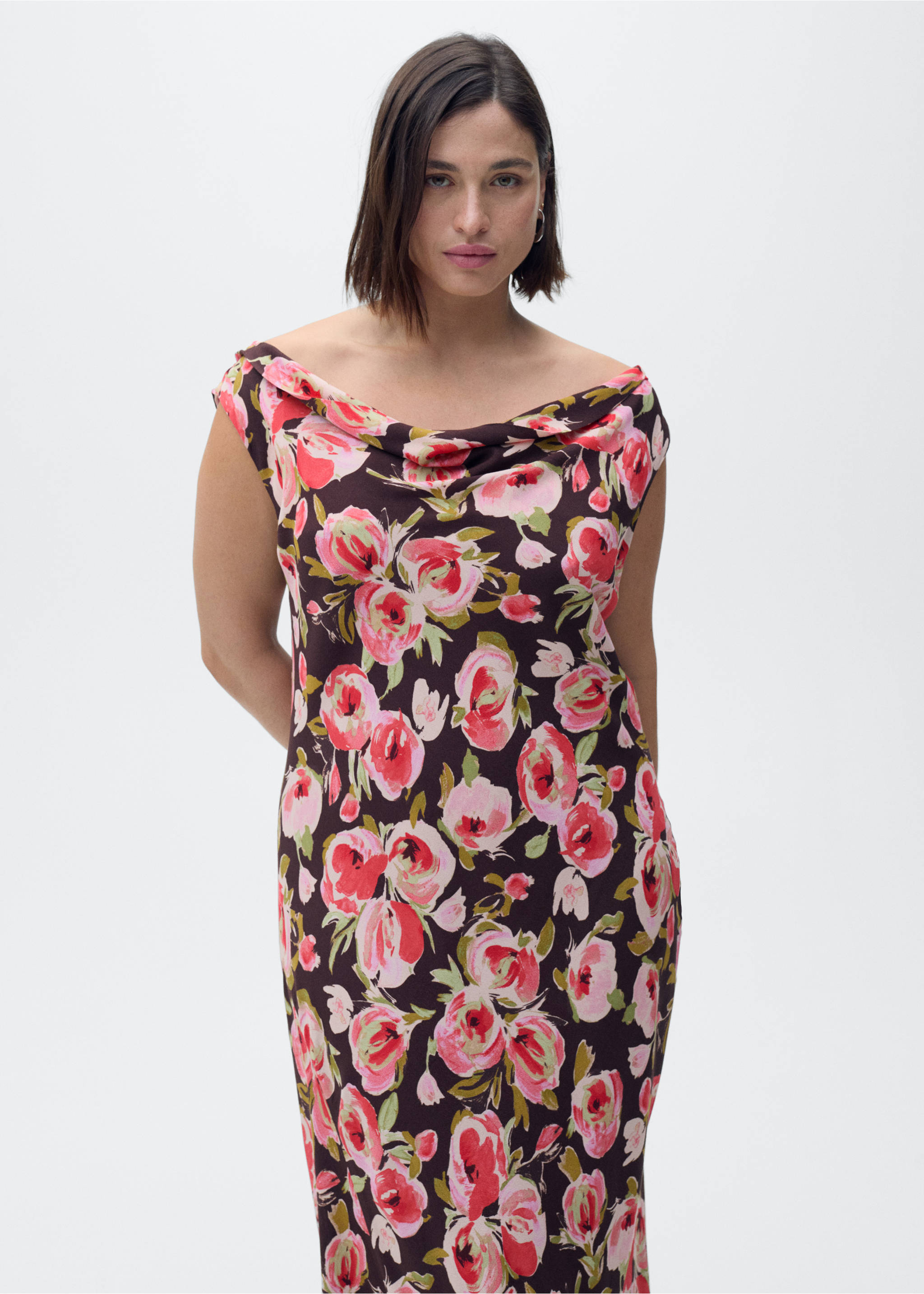 Floral dress with draped neck - Details of the article 5, Brown. Ref: 87007200-00.