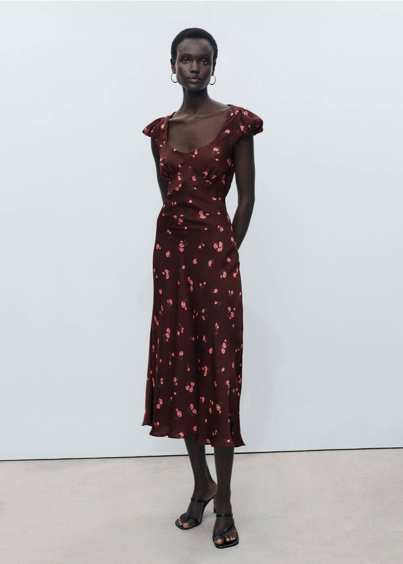 Short-sleeved floral midi-dress - Brown