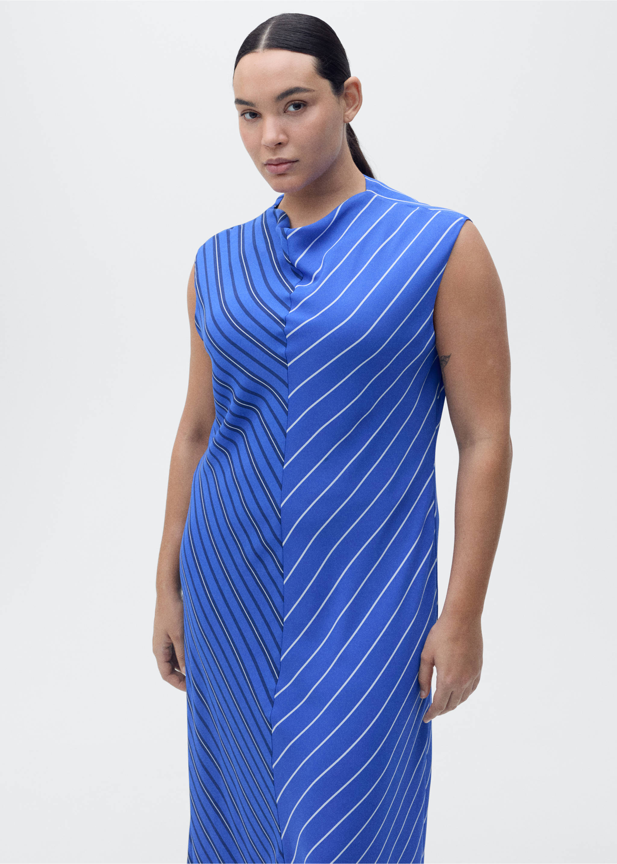 Combined striped flared dress - Details of the article 5, Blue. Ref: 87007204-00.
