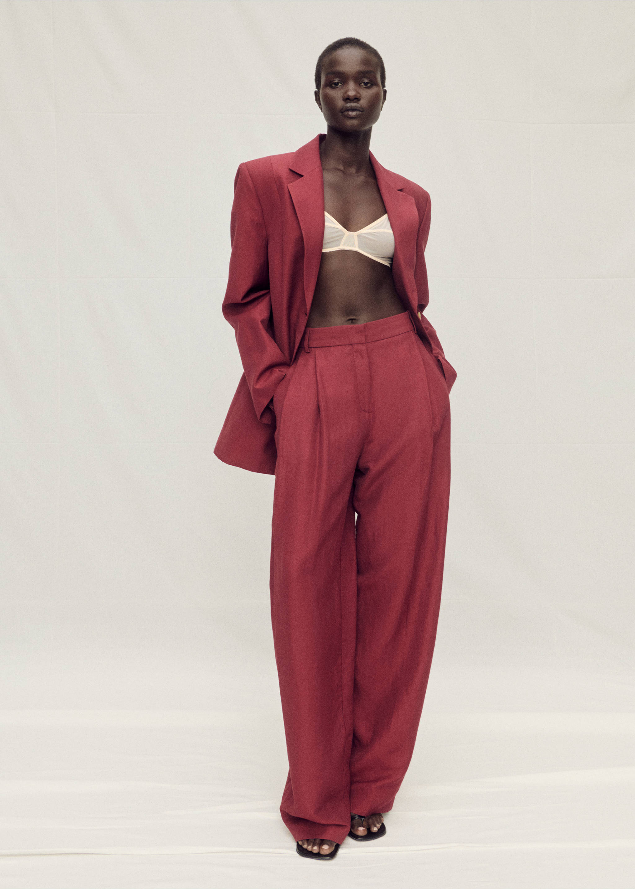 Wide leg linen-blend suit trousers - General plane, Wine. Ref: 87007721-00.