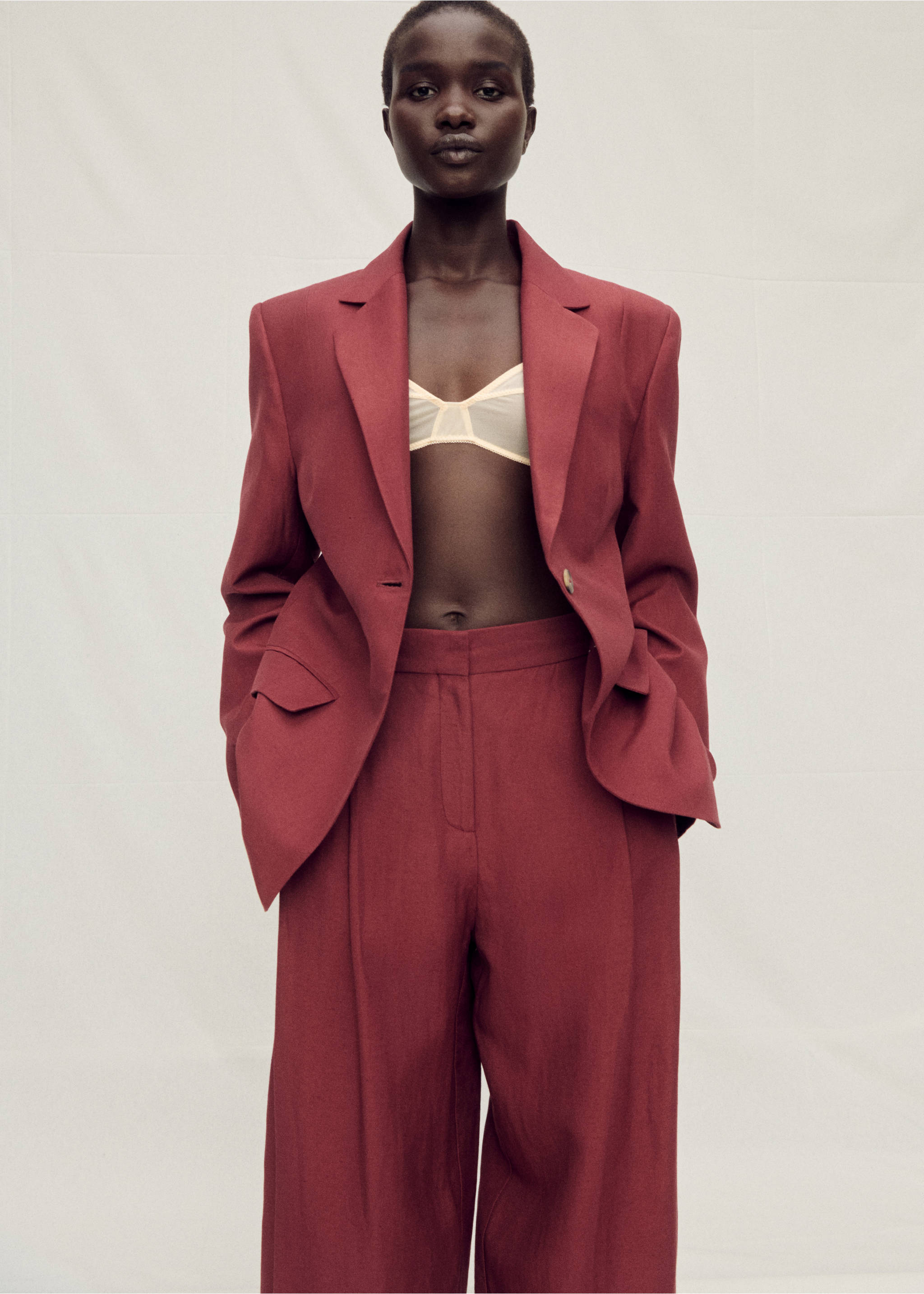 Wide leg linen-blend suit trousers - Details of the article 1, Wine. Ref: 87007721-00.