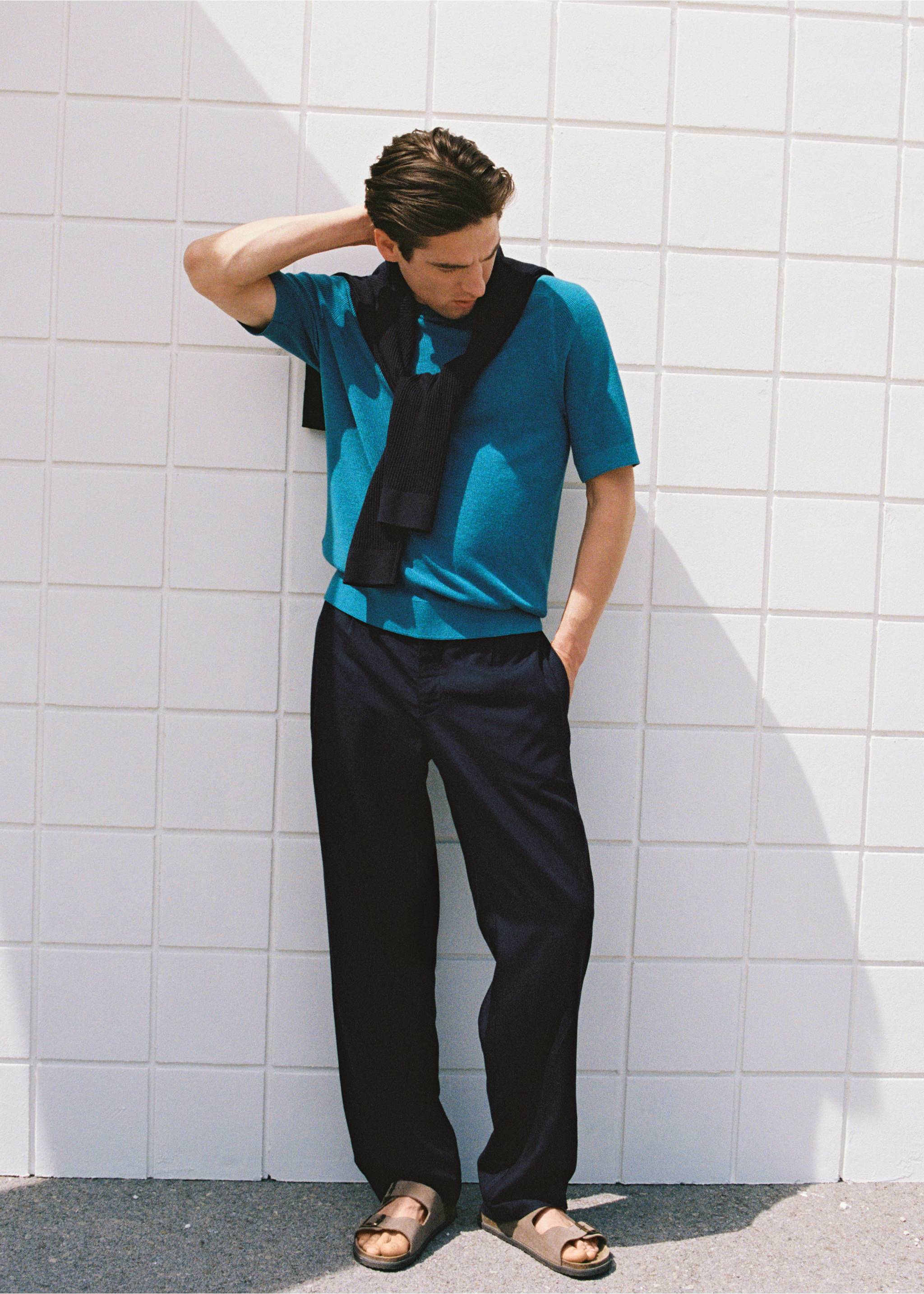 Linen lyocell regular-fit trousers - Details of the article 5, Dark Navy. Ref: 87007889-00.