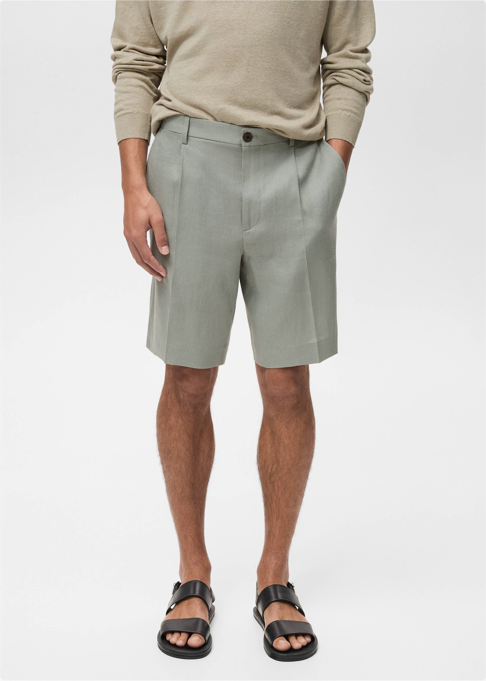 100% linen bermuda shorts with pleats - Medium plane, Aqua Green. Ref: 87007898-00.