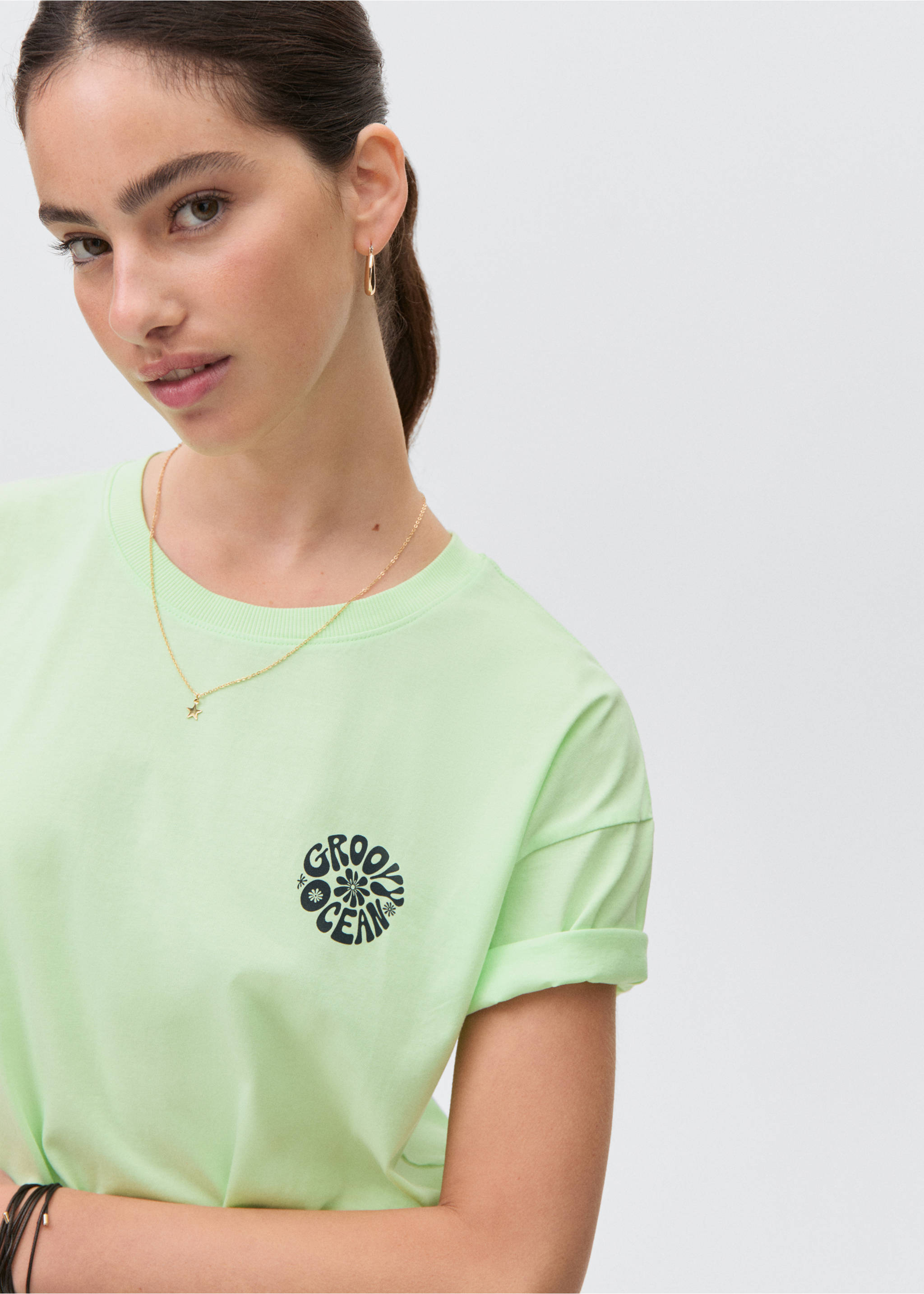 Short-sleeved printed t-shirt - Details of the article 1, Pastel Green. Ref: 87008275-00.