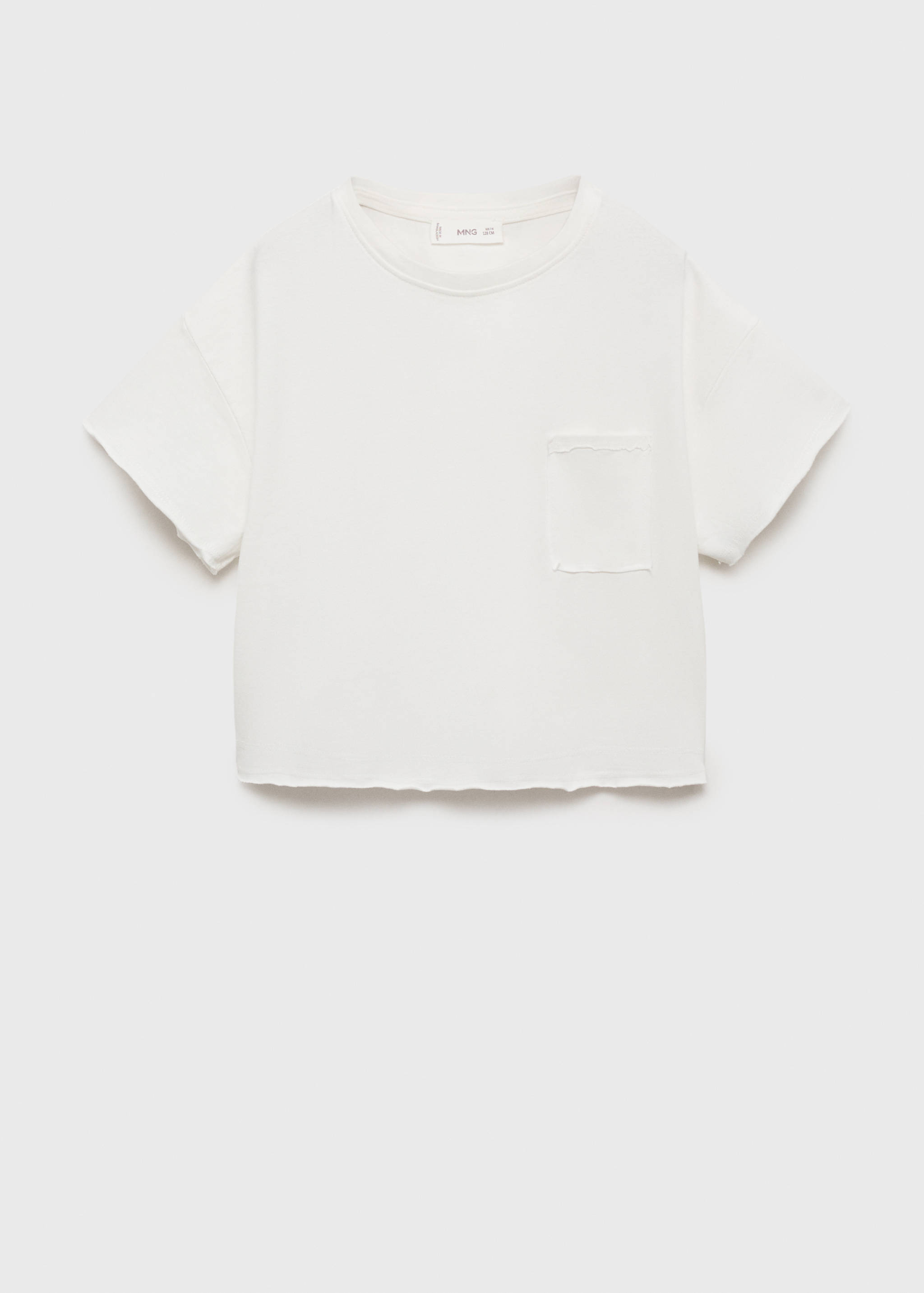 White kids' short-sleeve t-shirt with a chest pocket and raw edges.