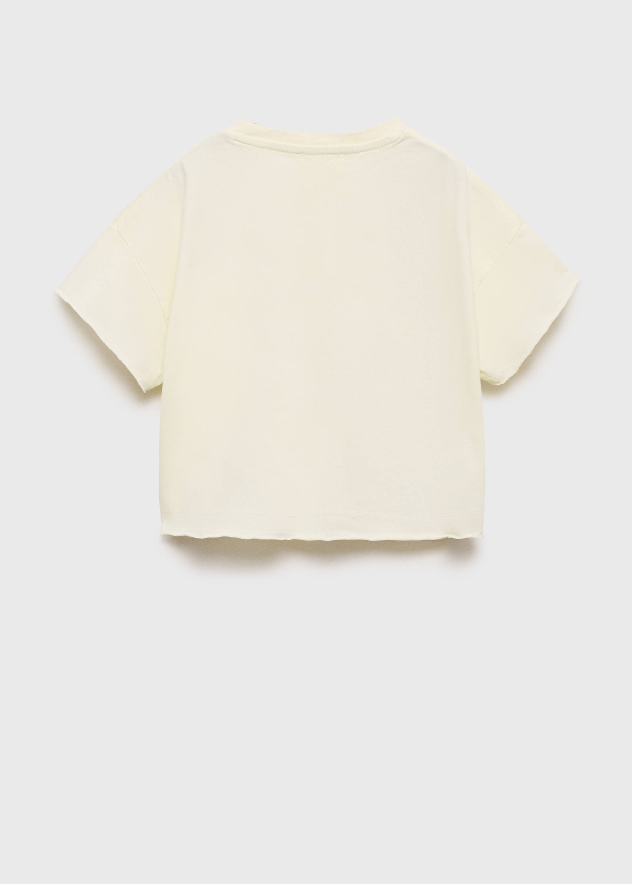 Back view of a light yellow kids' t-shirt with short sleeves and raw edges.
