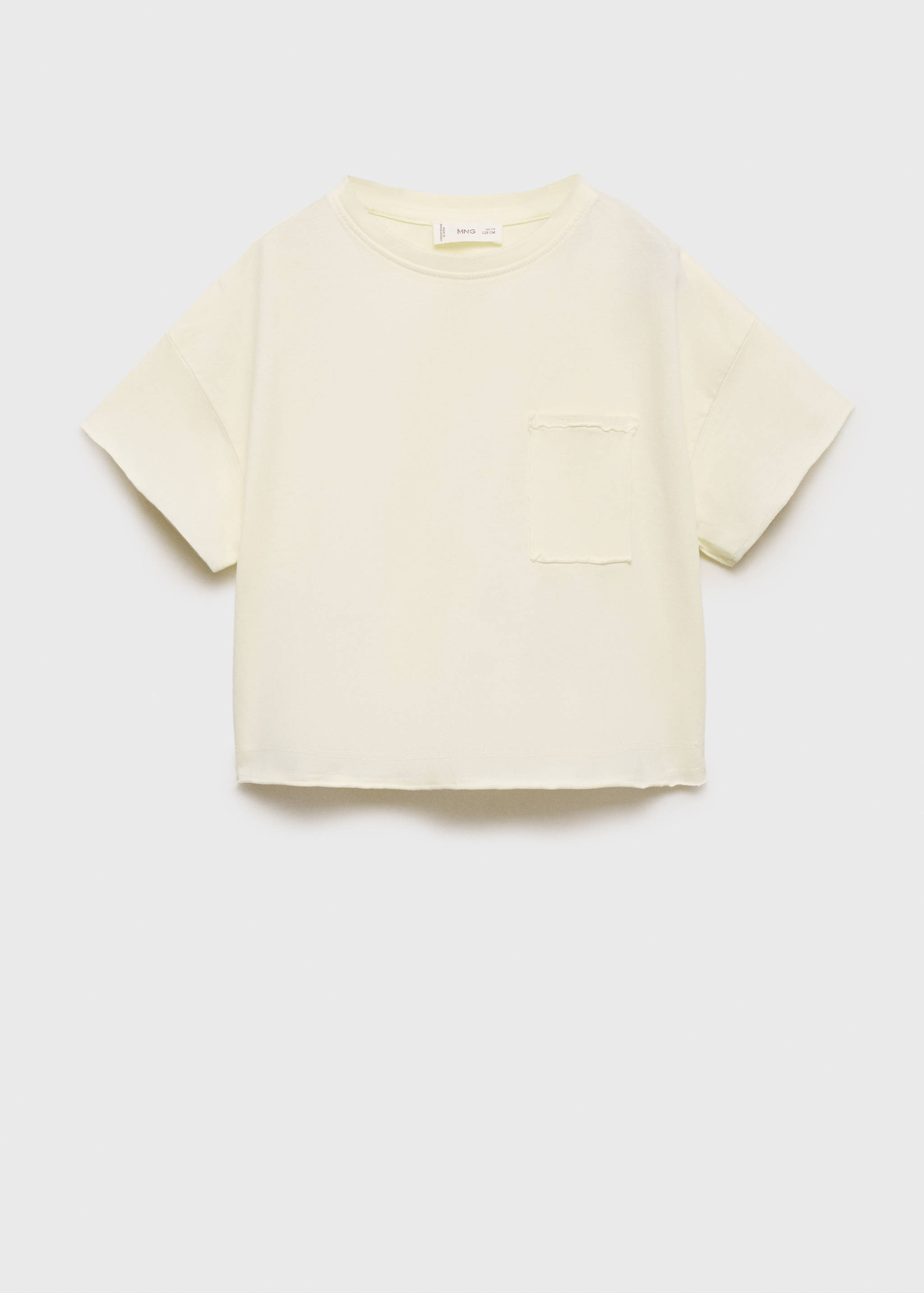 Pale yellow short-sleeved t-shirt with a chest pocket and raw hem.