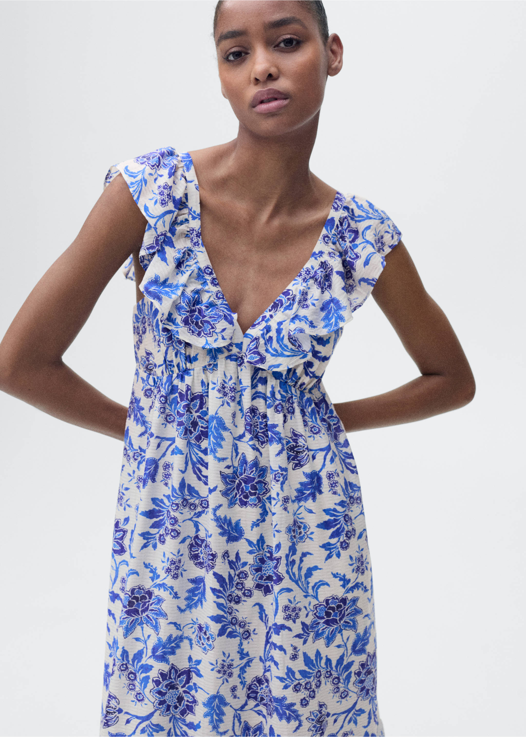 Ruffled floral print dress - Medium plane, Blue. Ref: 87009070-00.