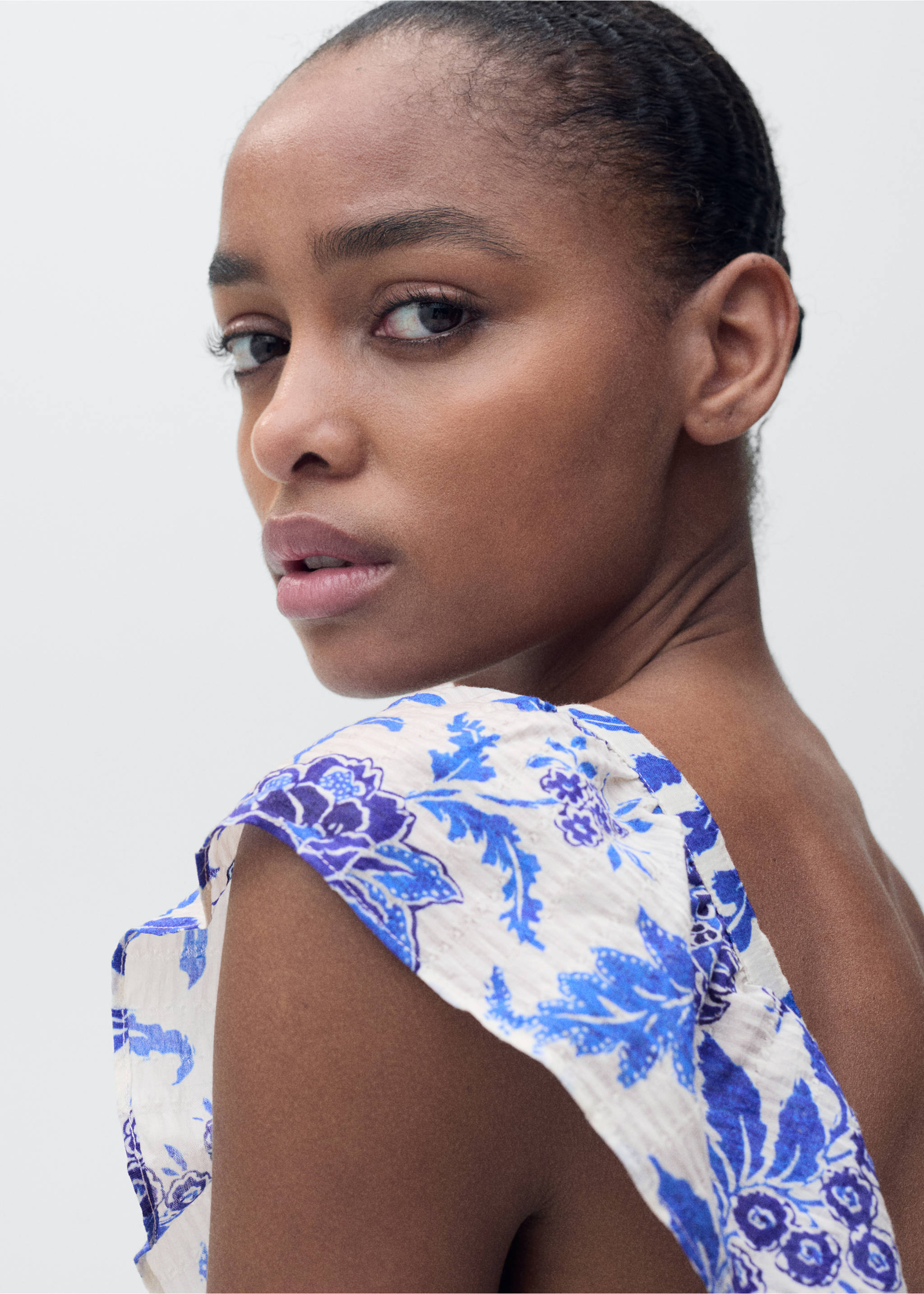 Ruffled floral print dress - Details of the article 1, Blue. Ref: 87009070-00.