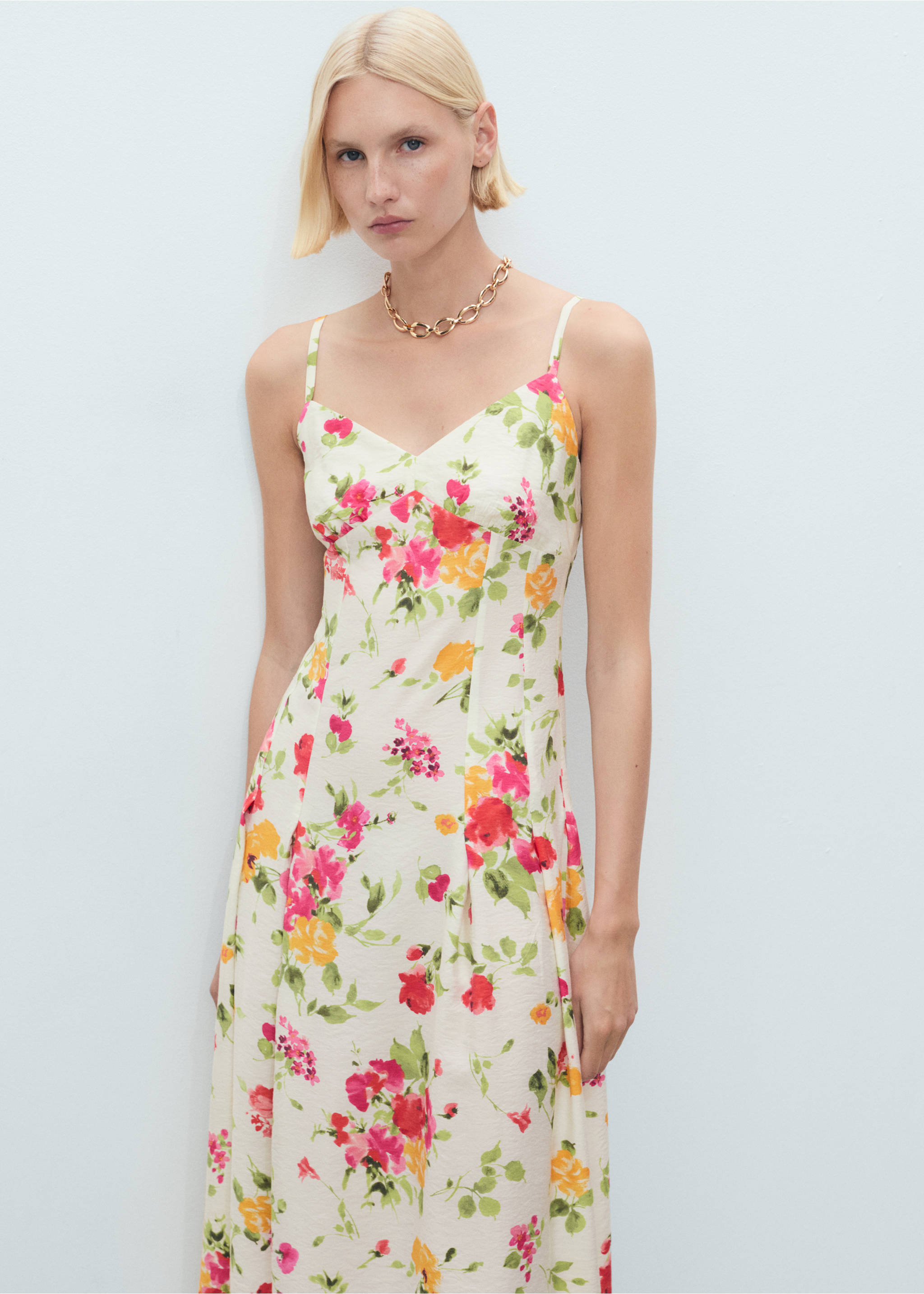 A-Linien-Kleid mit Blumenprint - Mittlere Ansicht, Ecru. Ref: 87009075-00.