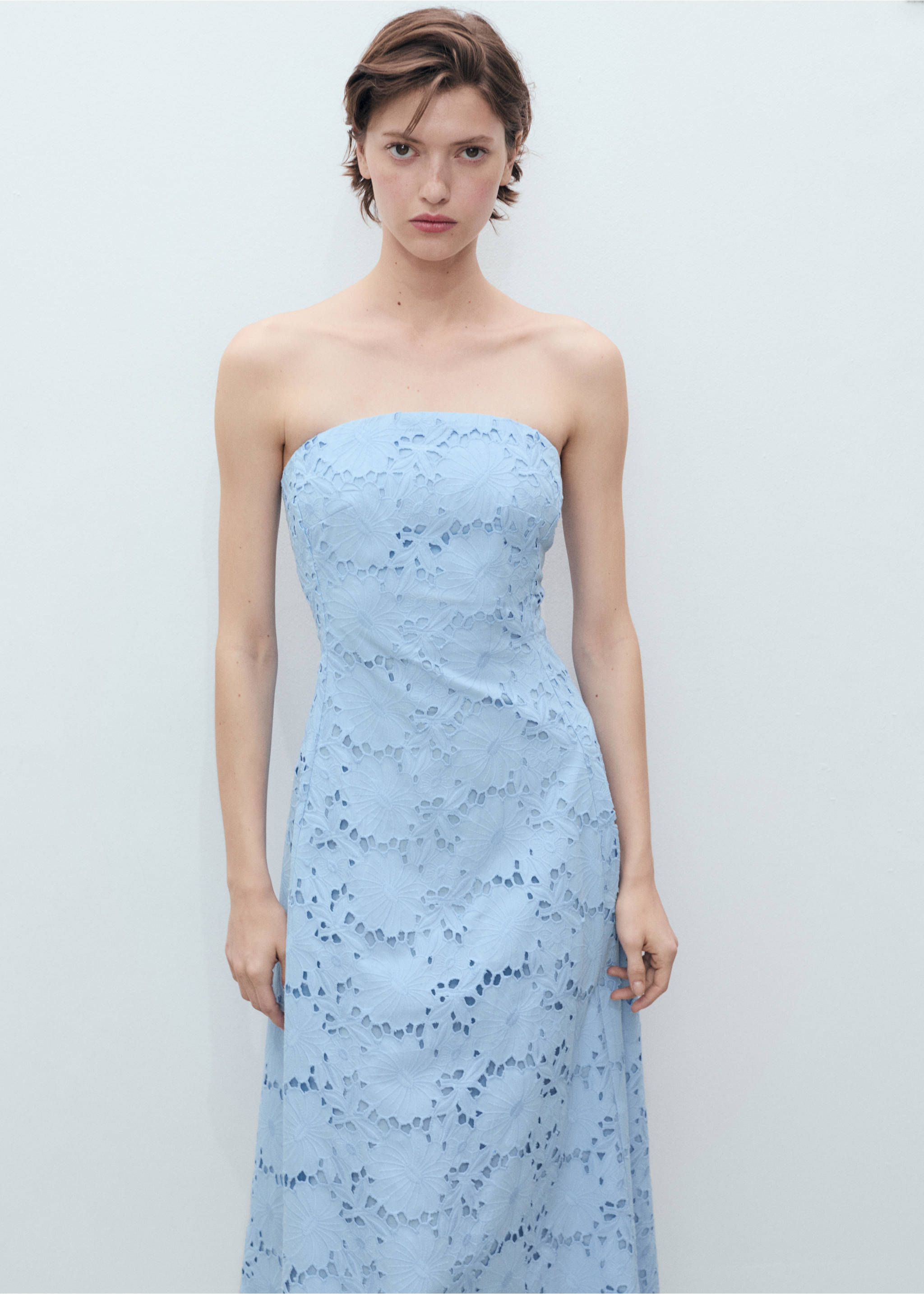 Strapless jurk met broderie anglaise - Middenvlak, Blauw. Ref: 87009076-00.