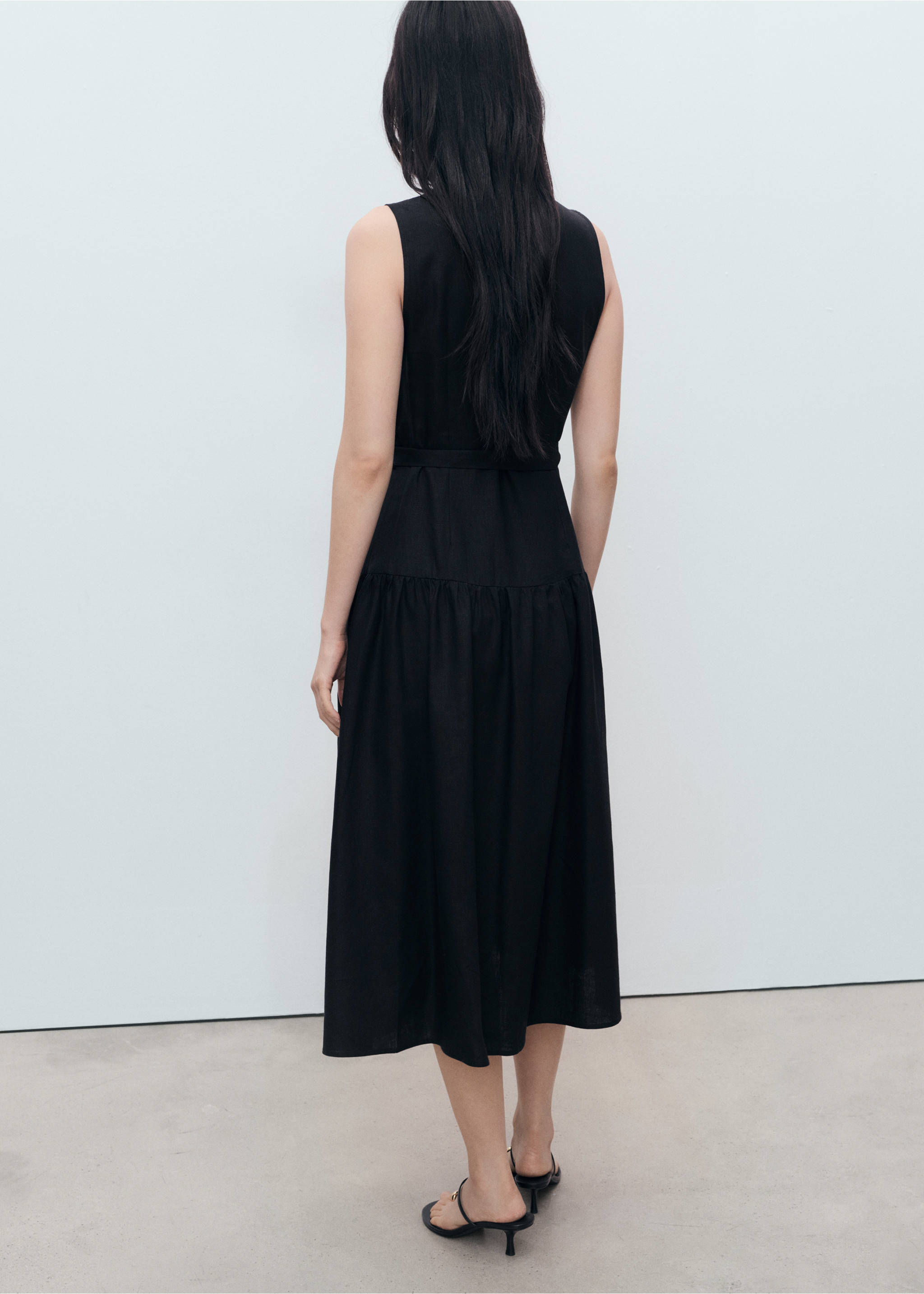 Vestido midi lino cinturón - Reverso del artículo, Negro. Ref: 87009078-00.
