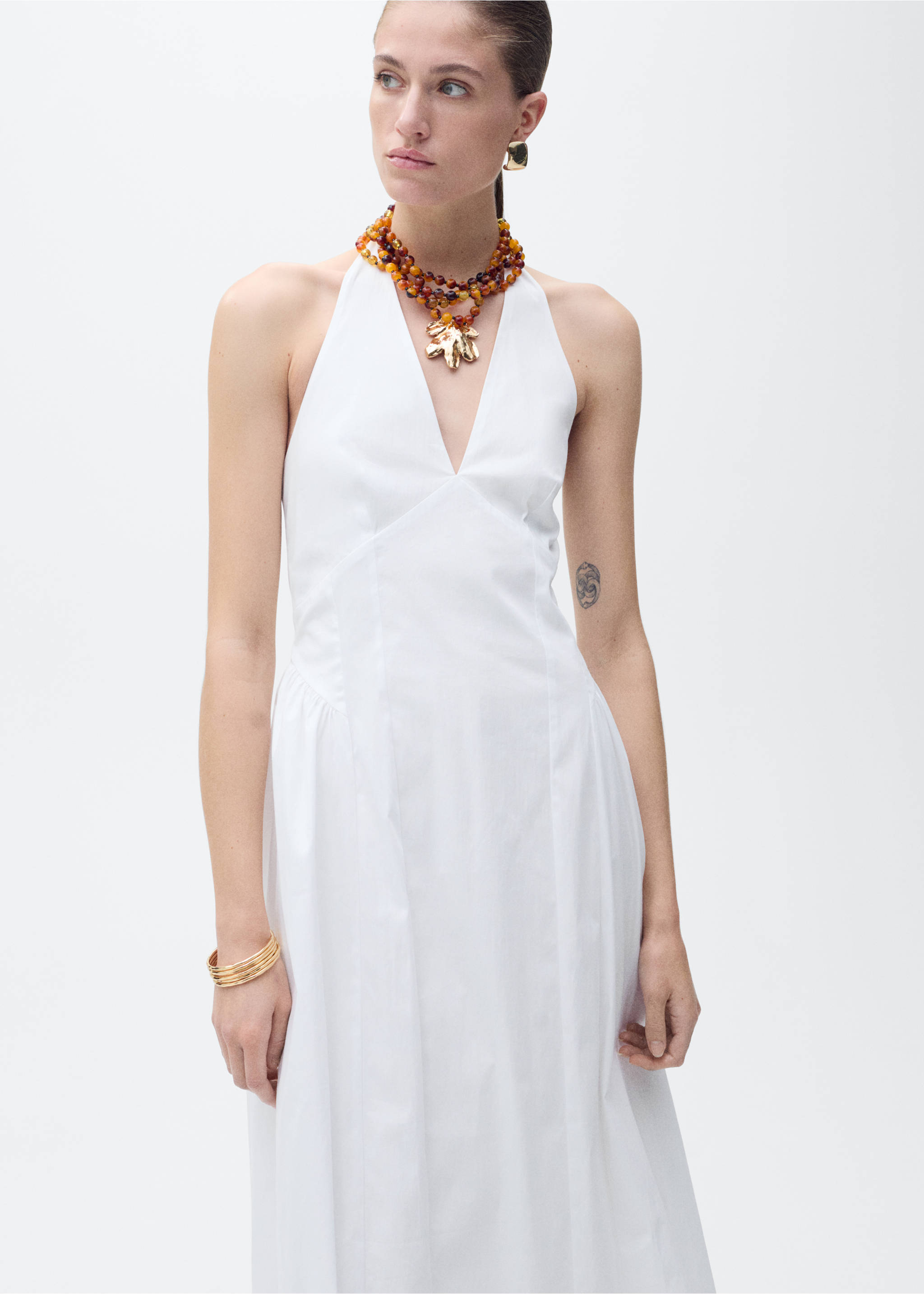 Halter neck cotton midi-dress - Medium plane, Off White. Ref: 87009082-00.
