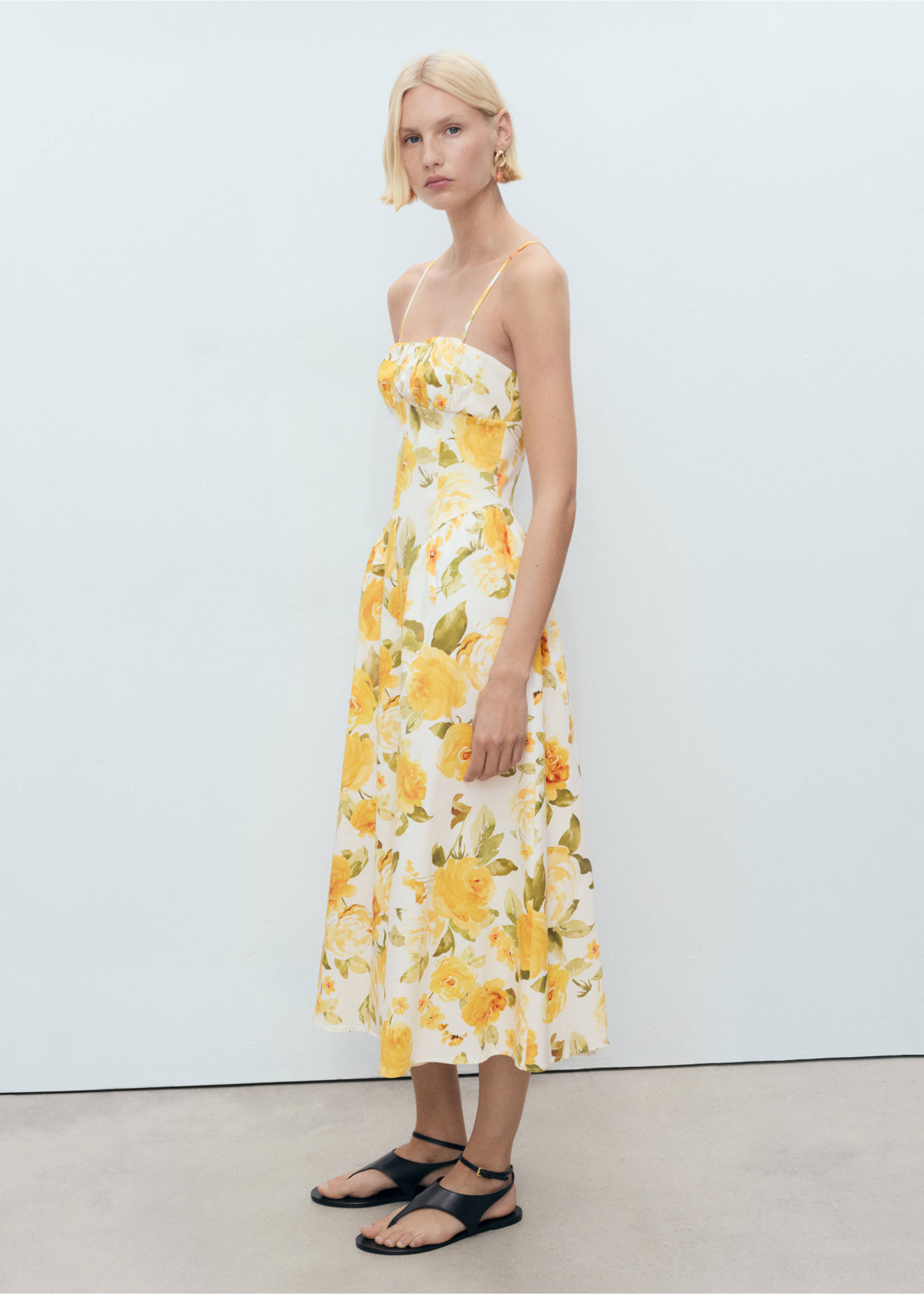Floral midi-dress with gathered neckline - General plane, Yellow. Ref: 87009083-00.