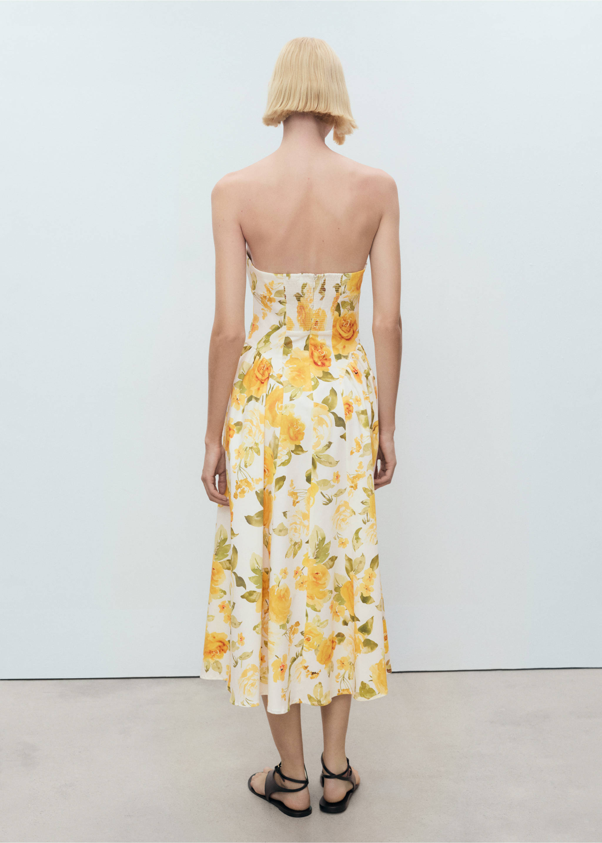 Floral midi-dress with gathered neckline - Reverse of the article, Yellow. Ref: 87009083-00.
