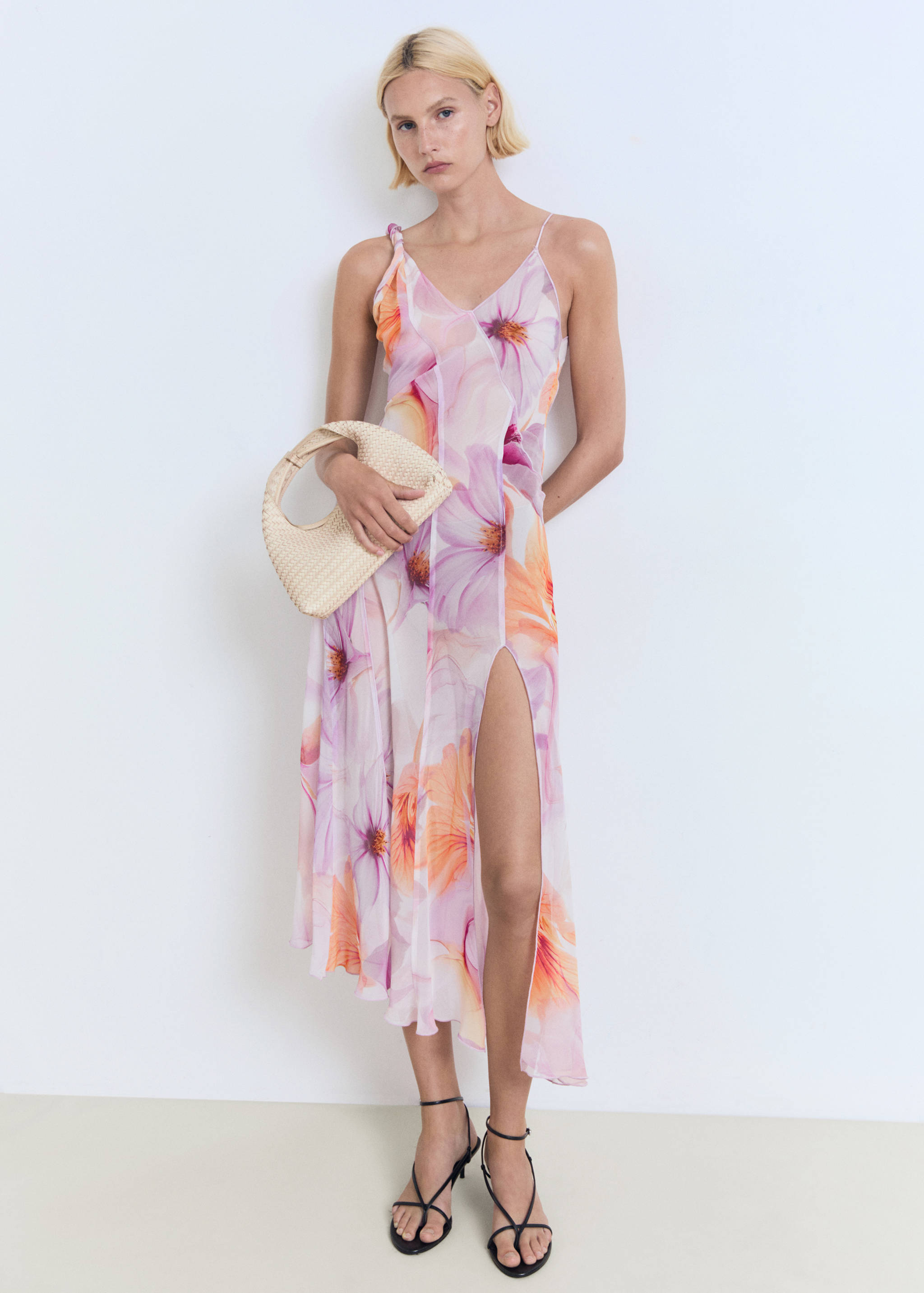 Floral-print dress with asymmetrical straps - General plane