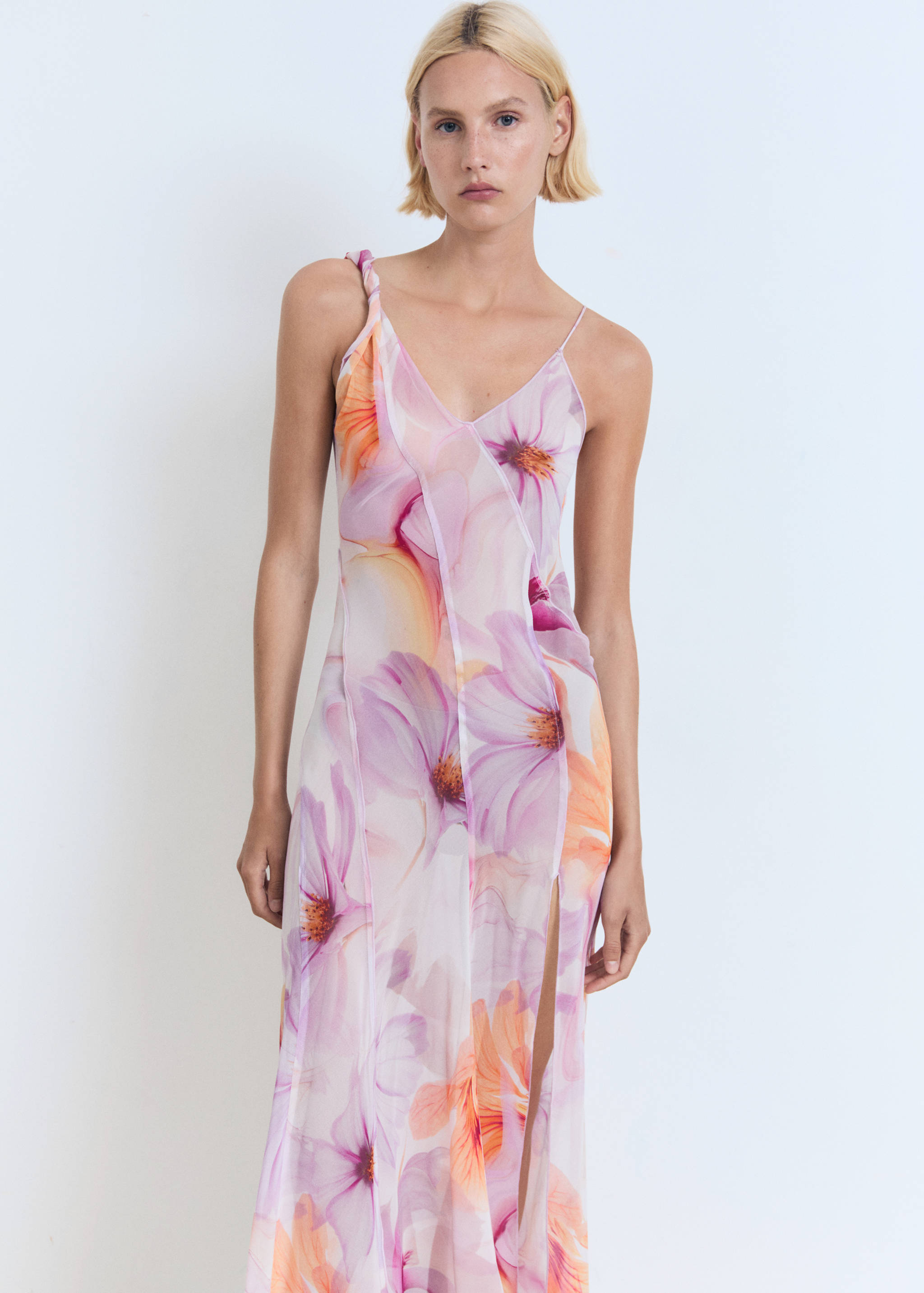 Floral-print dress with asymmetrical straps - Medium plane