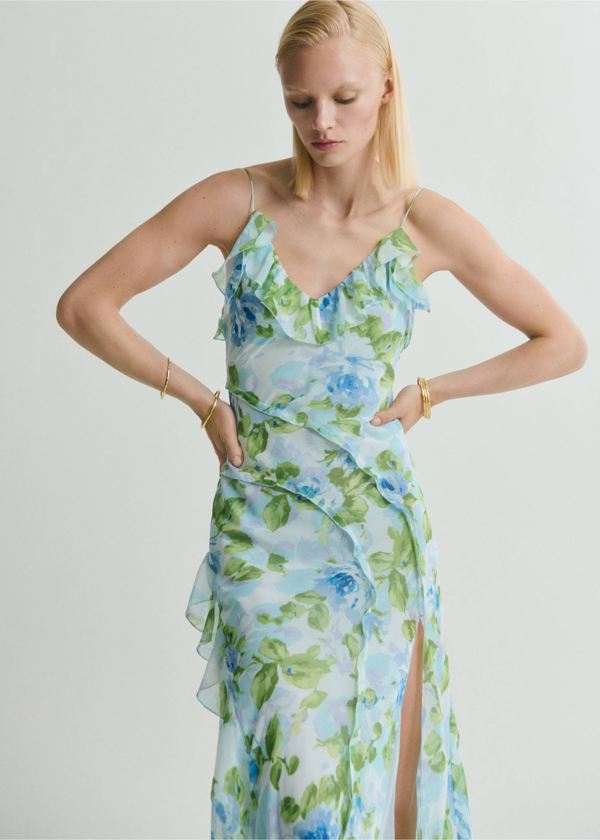 Ruffled floral print dress - Medium plane, Sky Blue. Ref: 87009086-00.