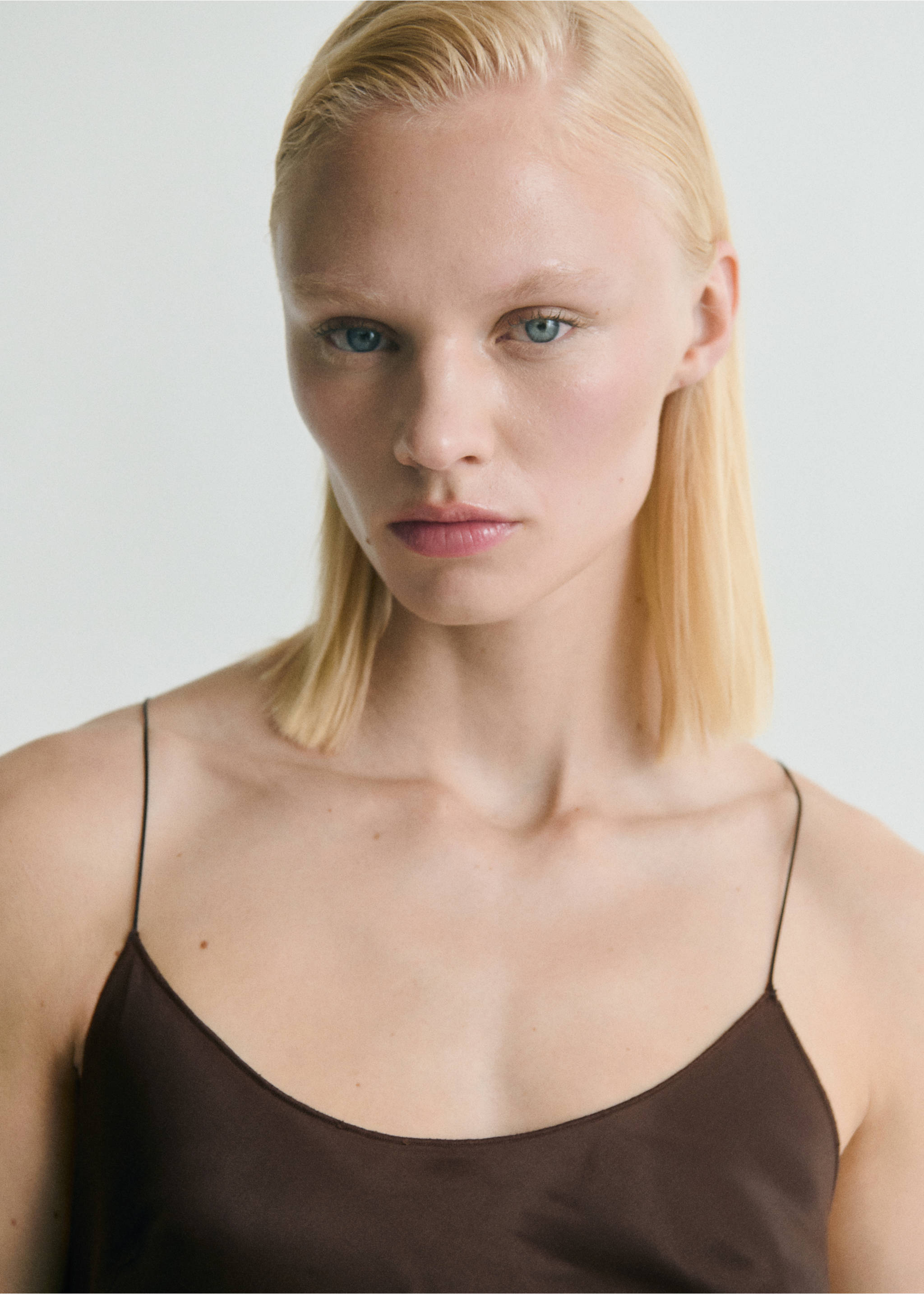 Asymmetrical satin dress with fringes - Details of the article 1, Brown. Ref: 87009089-00.