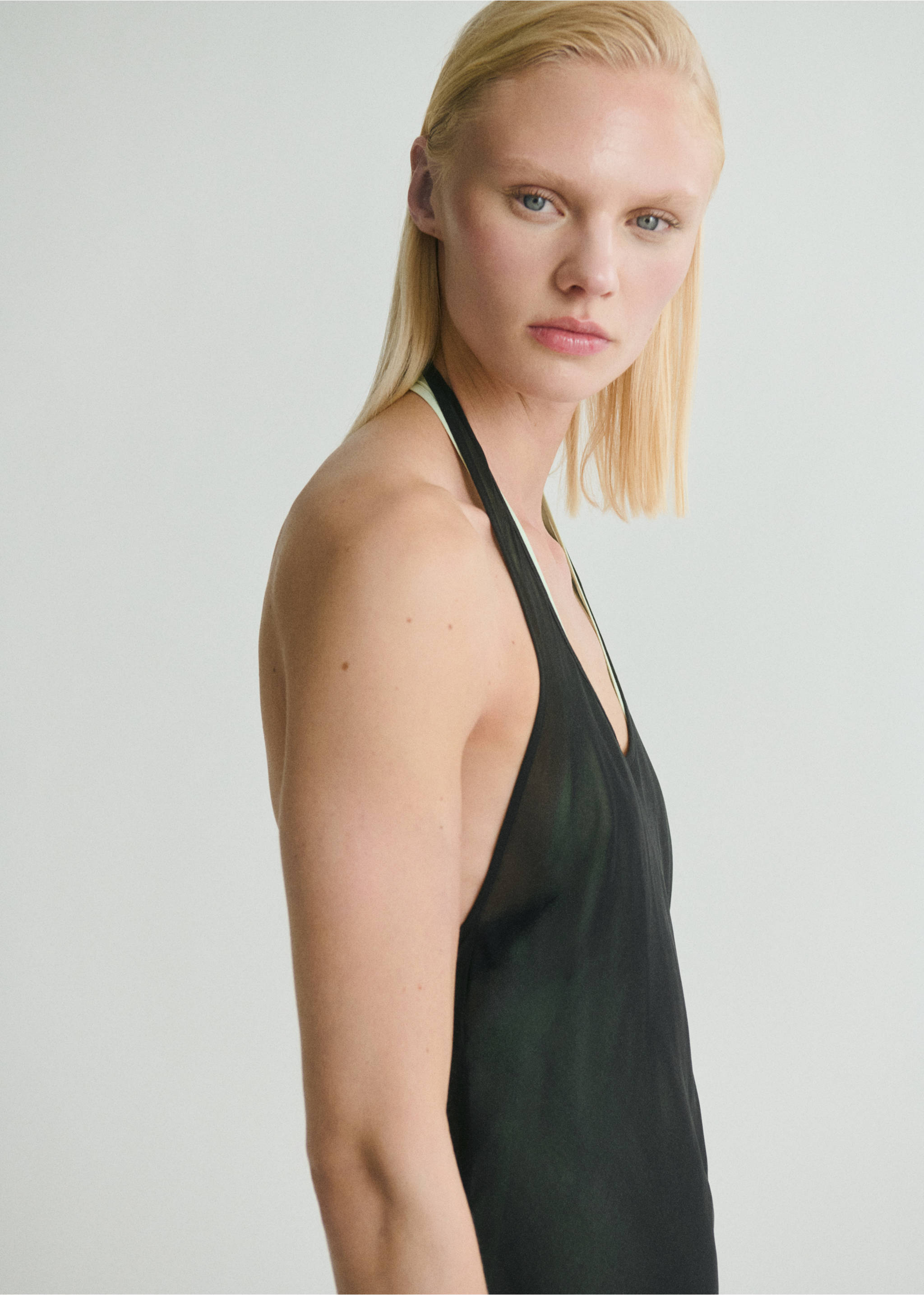 Semi-transparent combination dress - Details of the article 1, Black. Ref: 87009090-00.