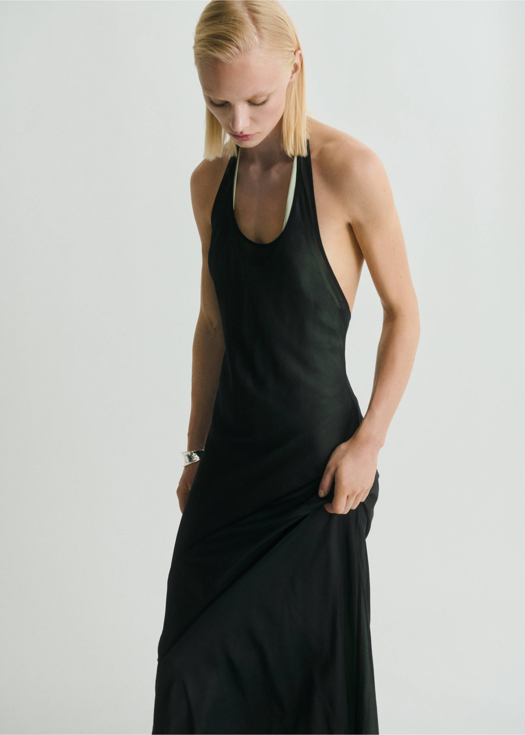 Semi-transparent combination dress - Details of the article 3, Black. Ref: 87009090-00.