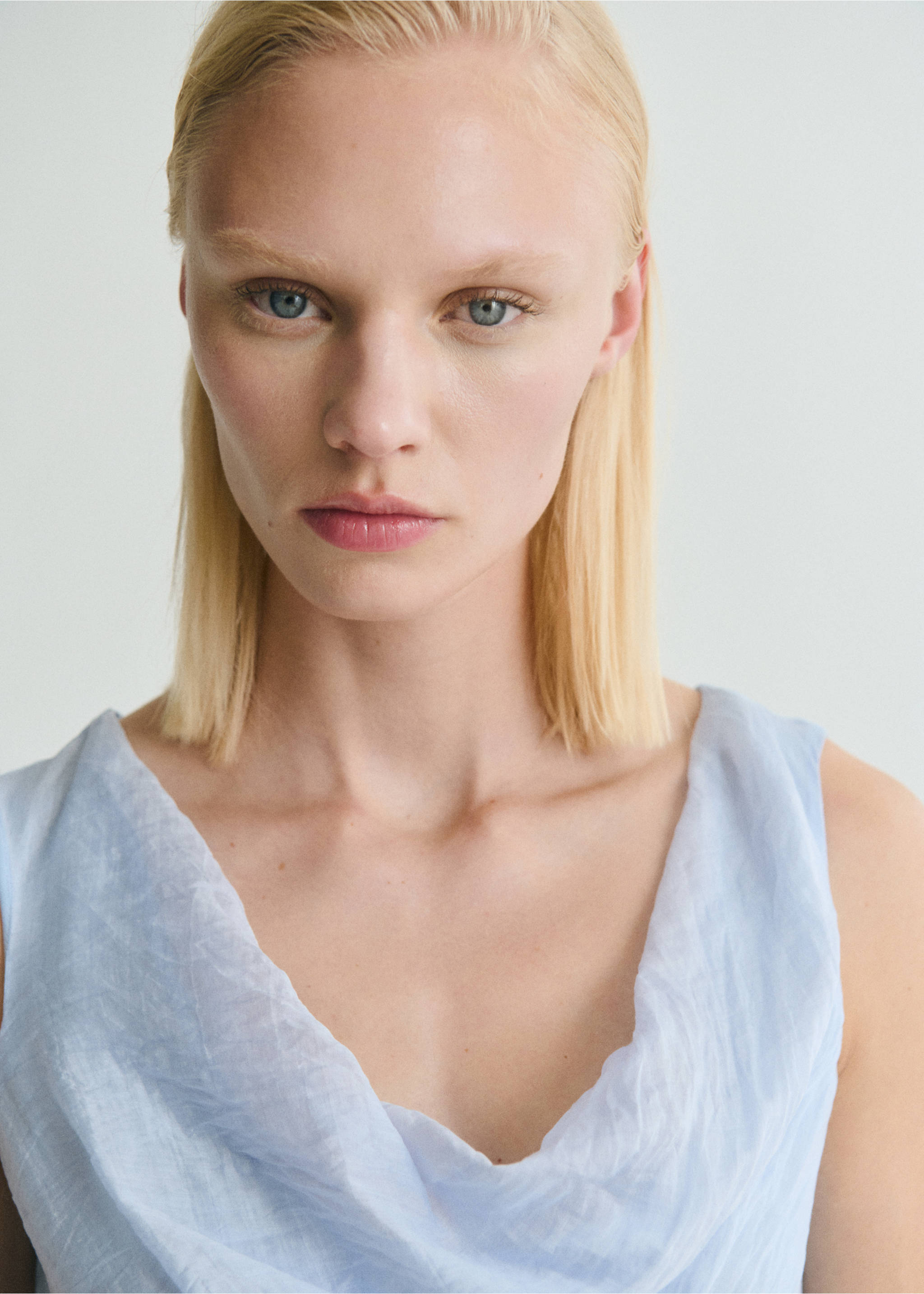 Midi-dress with draped neckline - Details of the article 1, Sky Blue. Ref: 87009094-00.