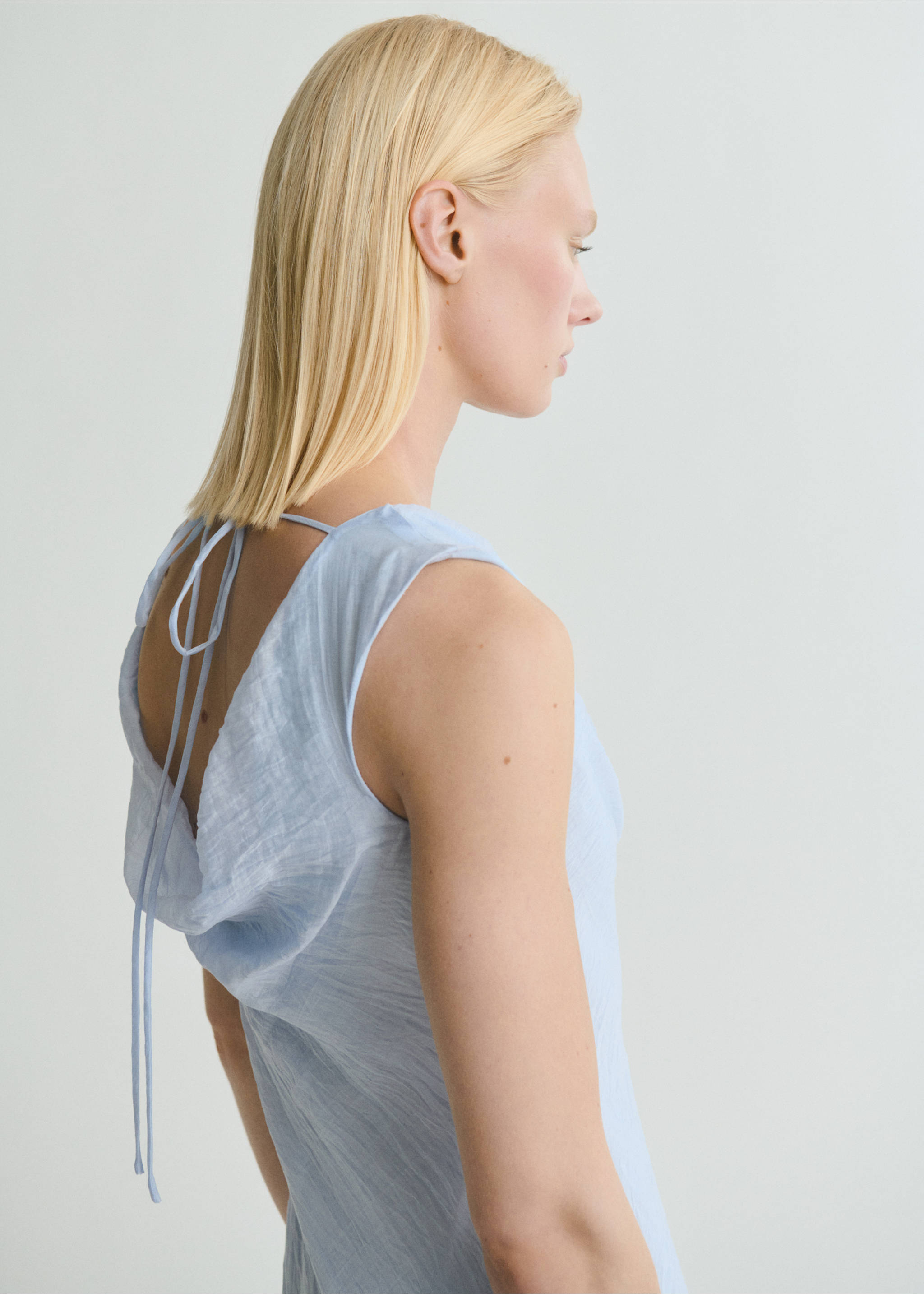 Midi-dress with draped neckline - Details of the article 6, Sky Blue. Ref: 87009094-00.