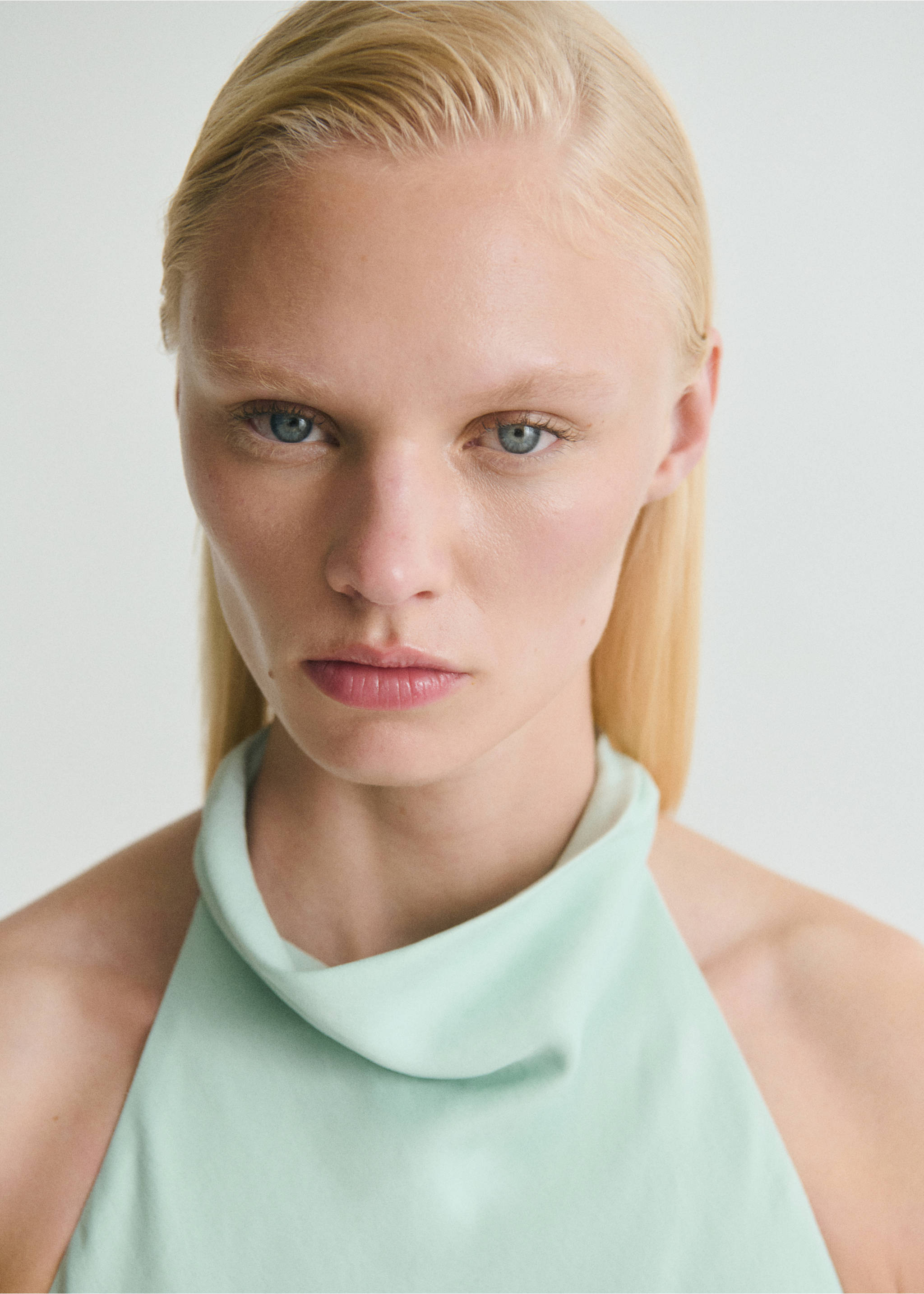Satin halter neck dress - Details of the article 1, Aqua Green. Ref: 87009097-00.