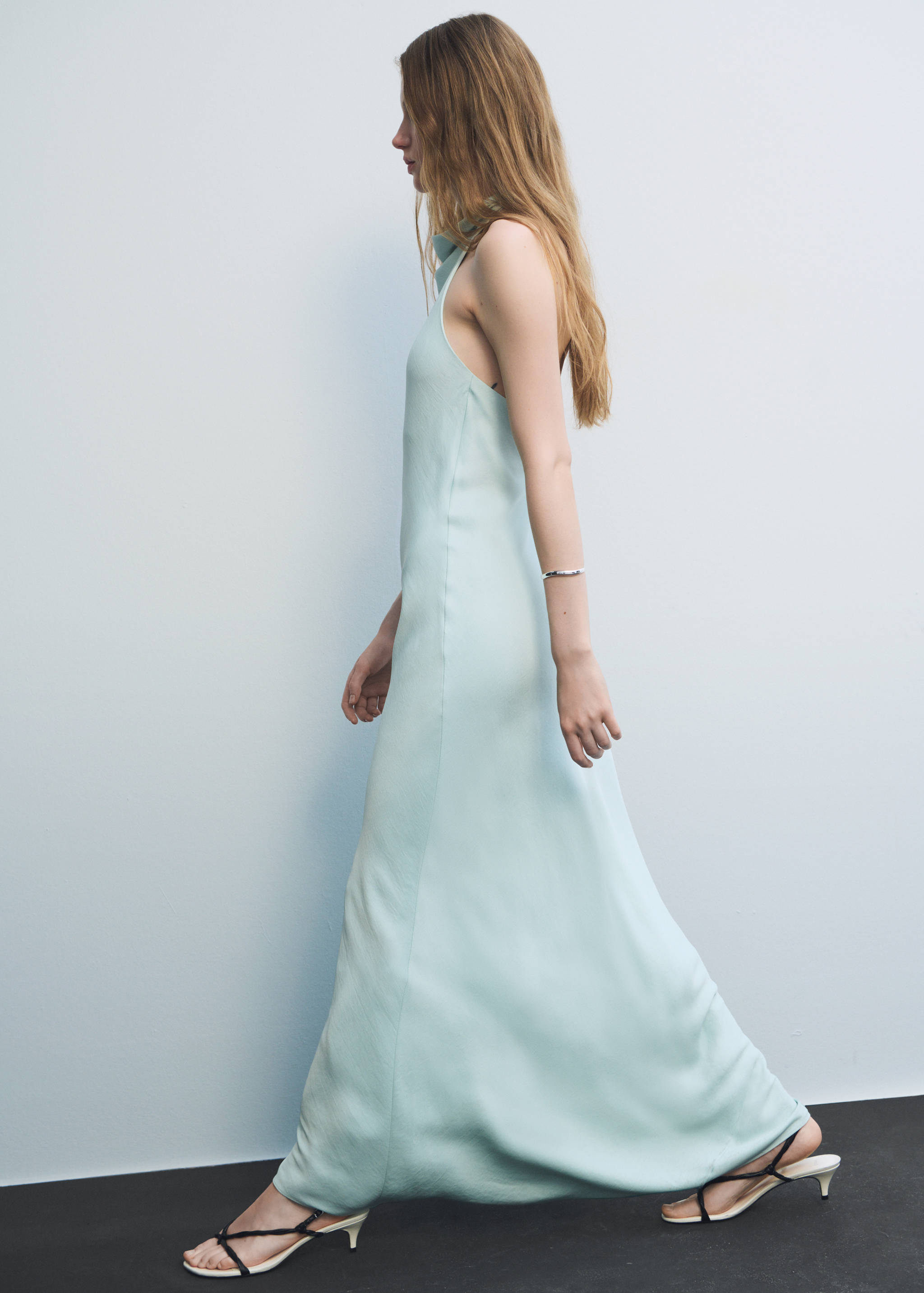 Satin halter neck dress - Details of the article 3, Aqua Green. Ref: 87009097-00.