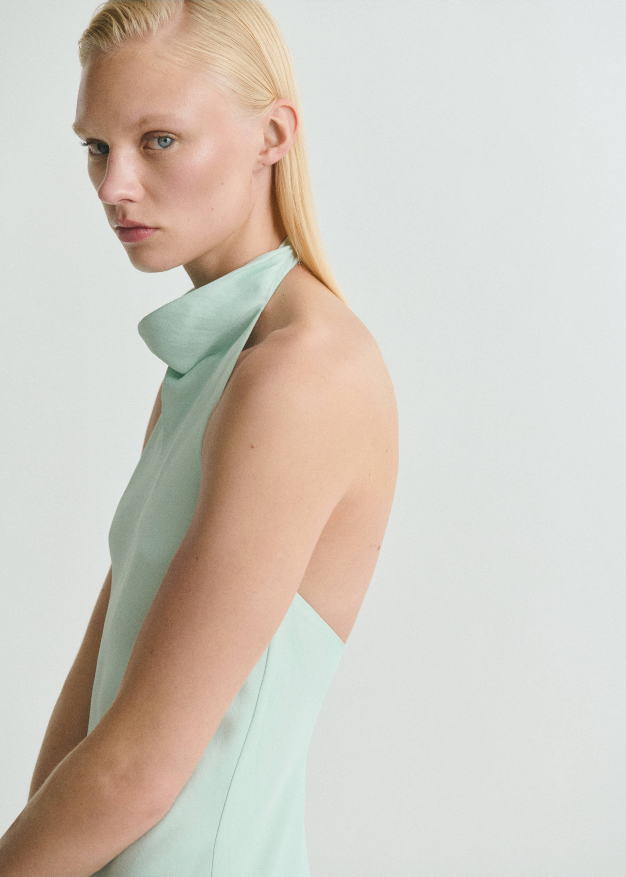Satin halter neck dress - Details of the article 2, Aqua Green. Ref: 87009097-00.