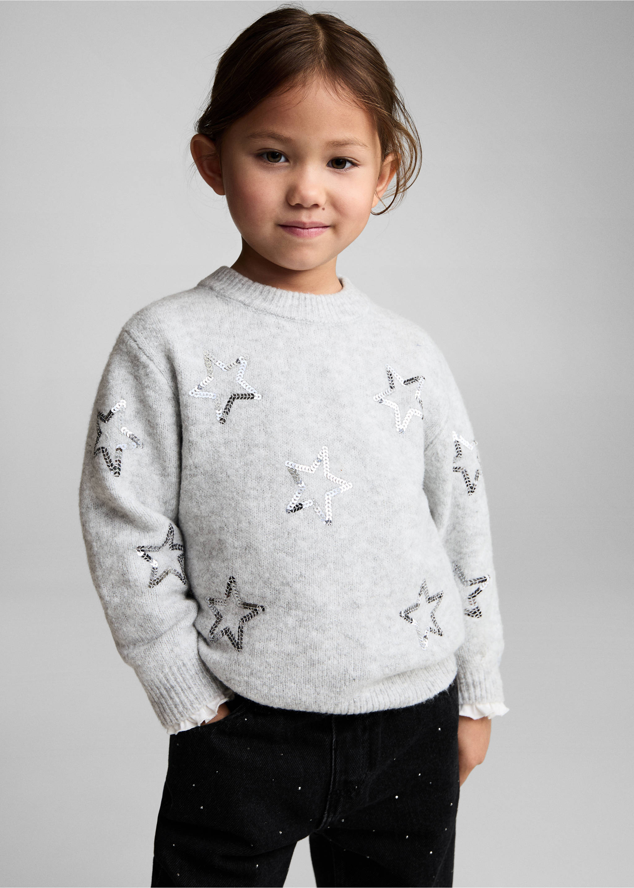 Dżinsy paperbag z błyszczącymi aplikacjami - Plan średni, Czarny. Ref: 87010242-00.