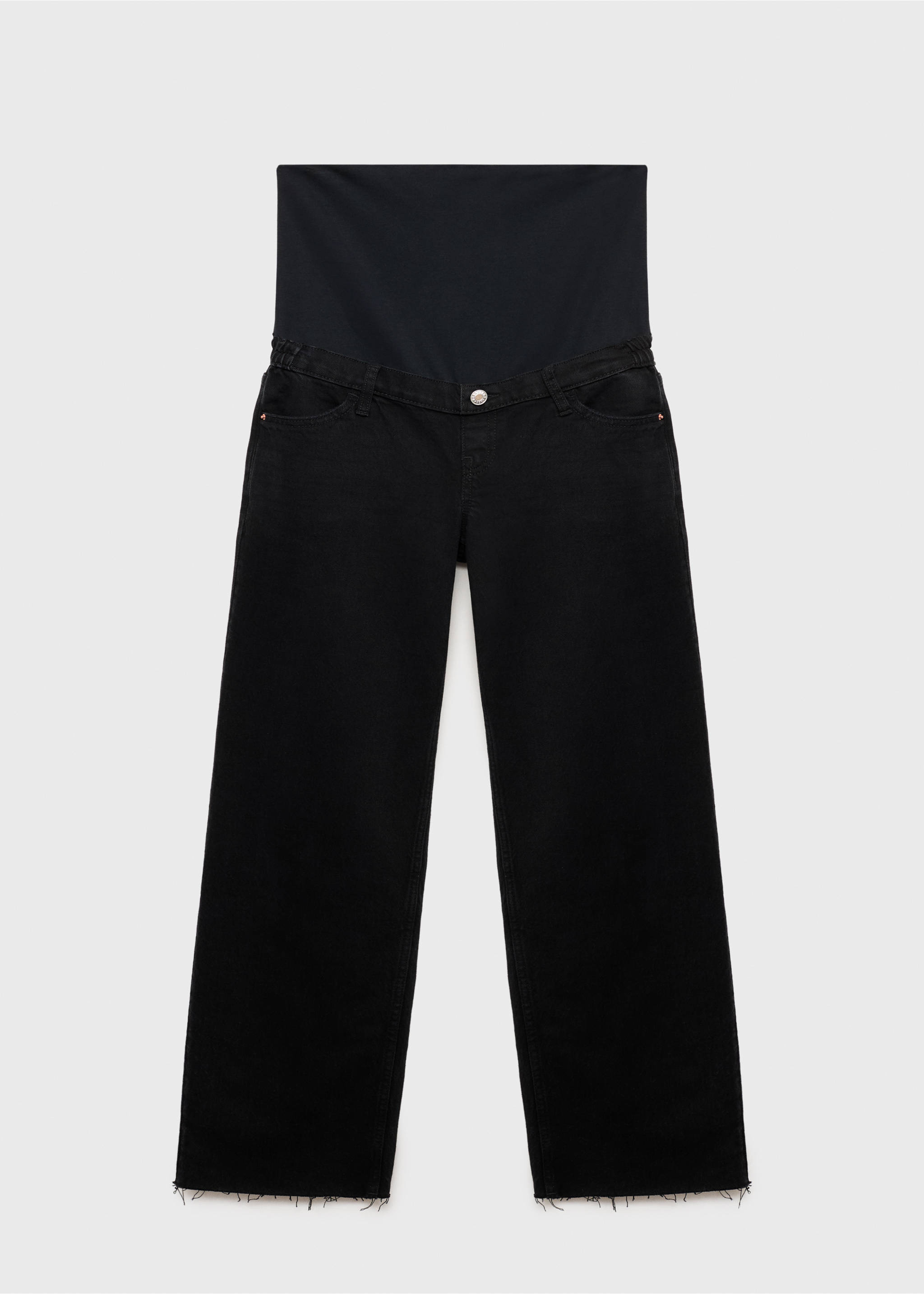 Black straight-leg denim maternity trousers with raw hems and a stretch bump band., Black denim. Ref: 87010266-00.