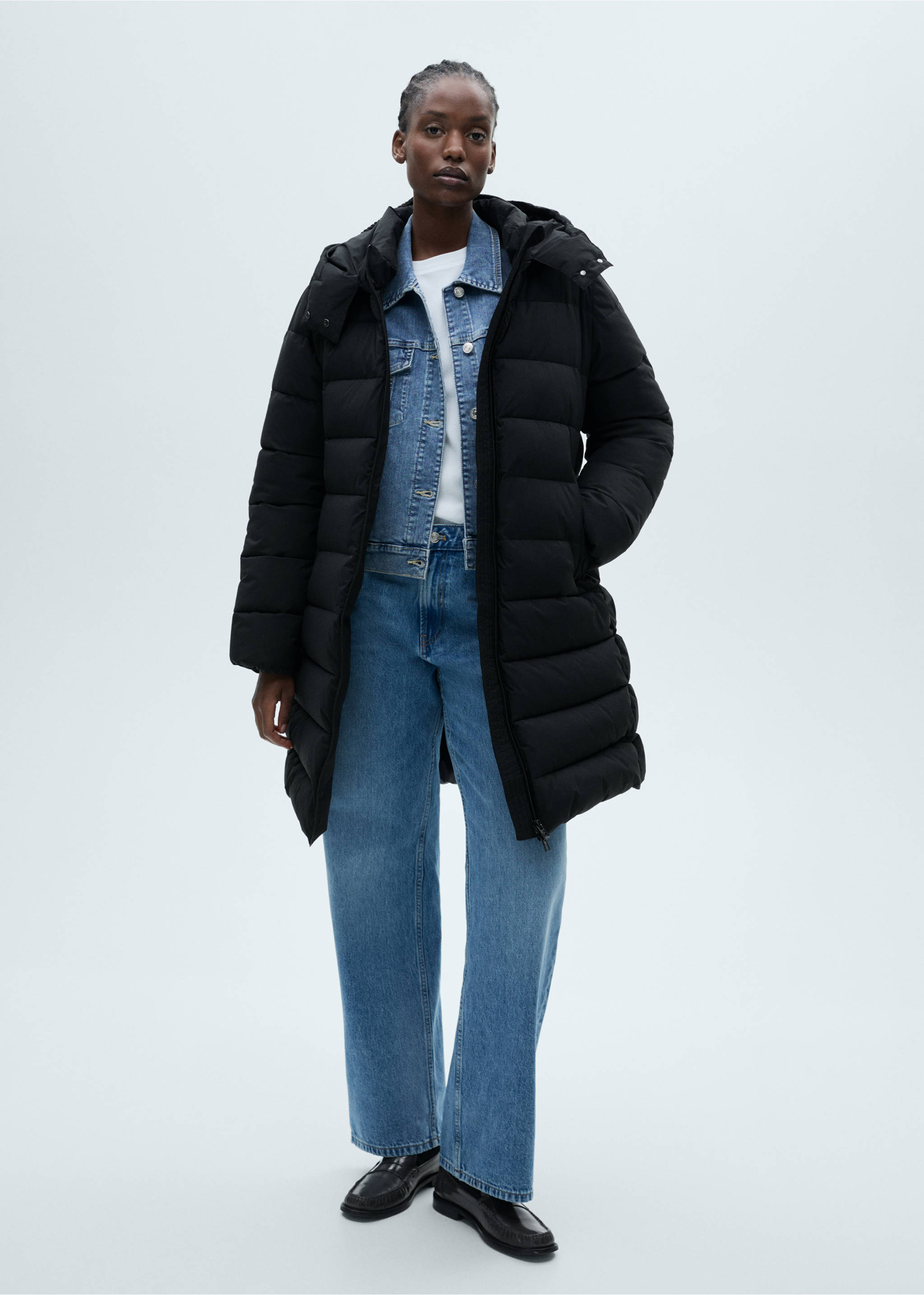 Waterproof padded midi anorak - Details of the article 3, Black. Ref: 87010346-00.