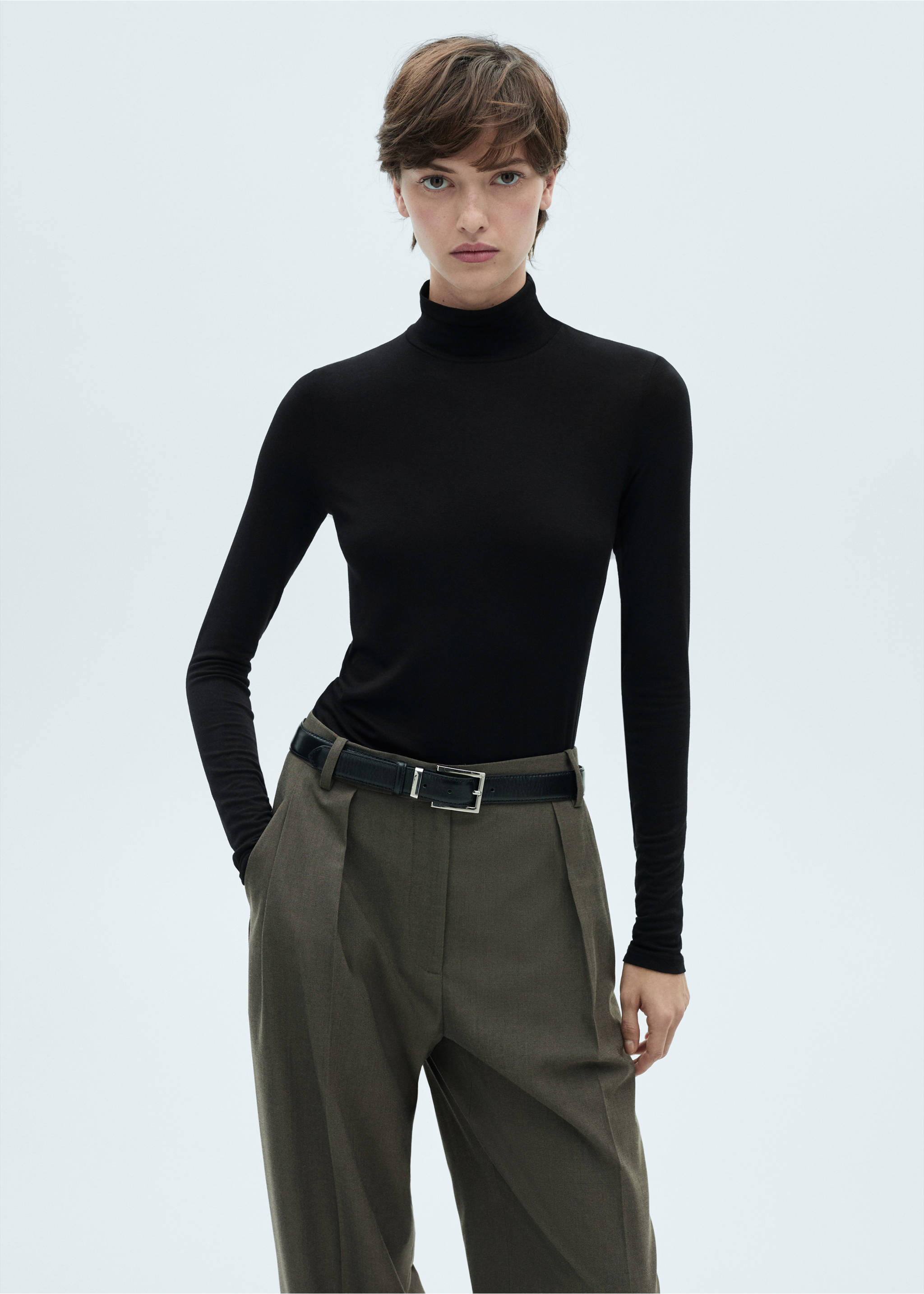 Turtleneck long-sleeved t-shirt - Medium plane, Black. Ref: 87010430-00.