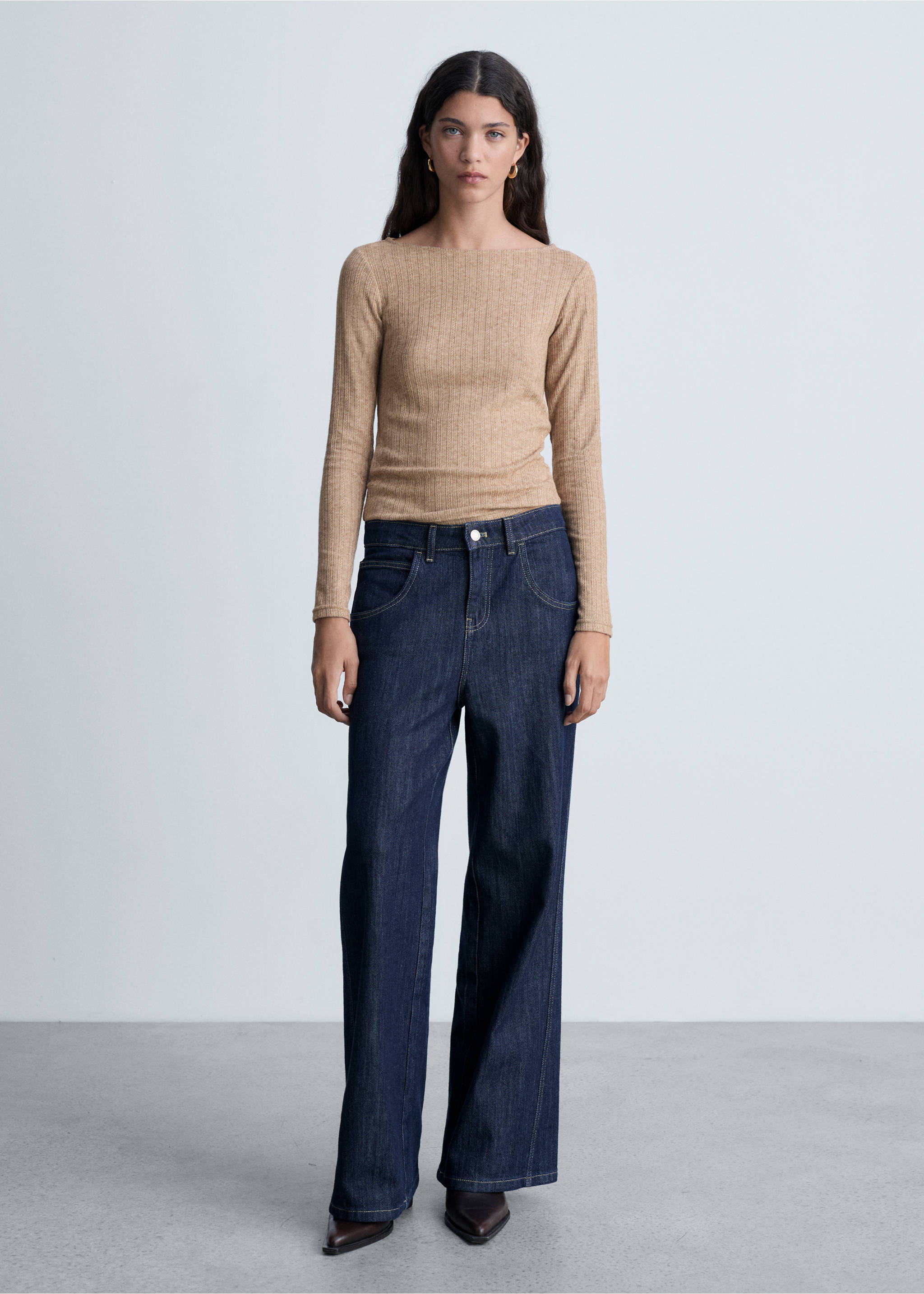 Long-sleeved pointelle t-shirt - General plane, Light/Pastel Brown. Ref: 87010433-00.