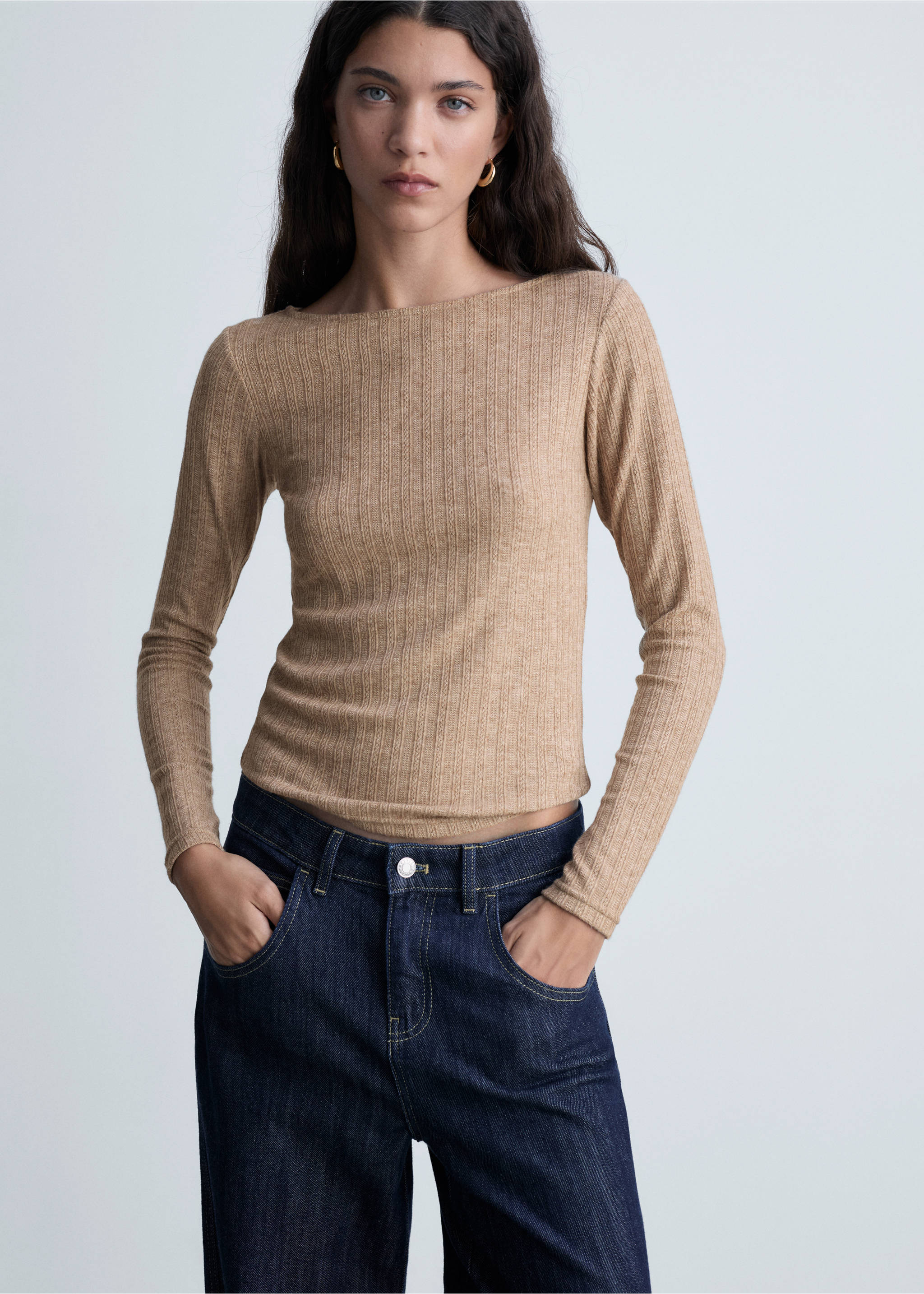 Long-sleeved pointelle t-shirt - Medium plane, Light/Pastel Brown. Ref: 87010433-00.