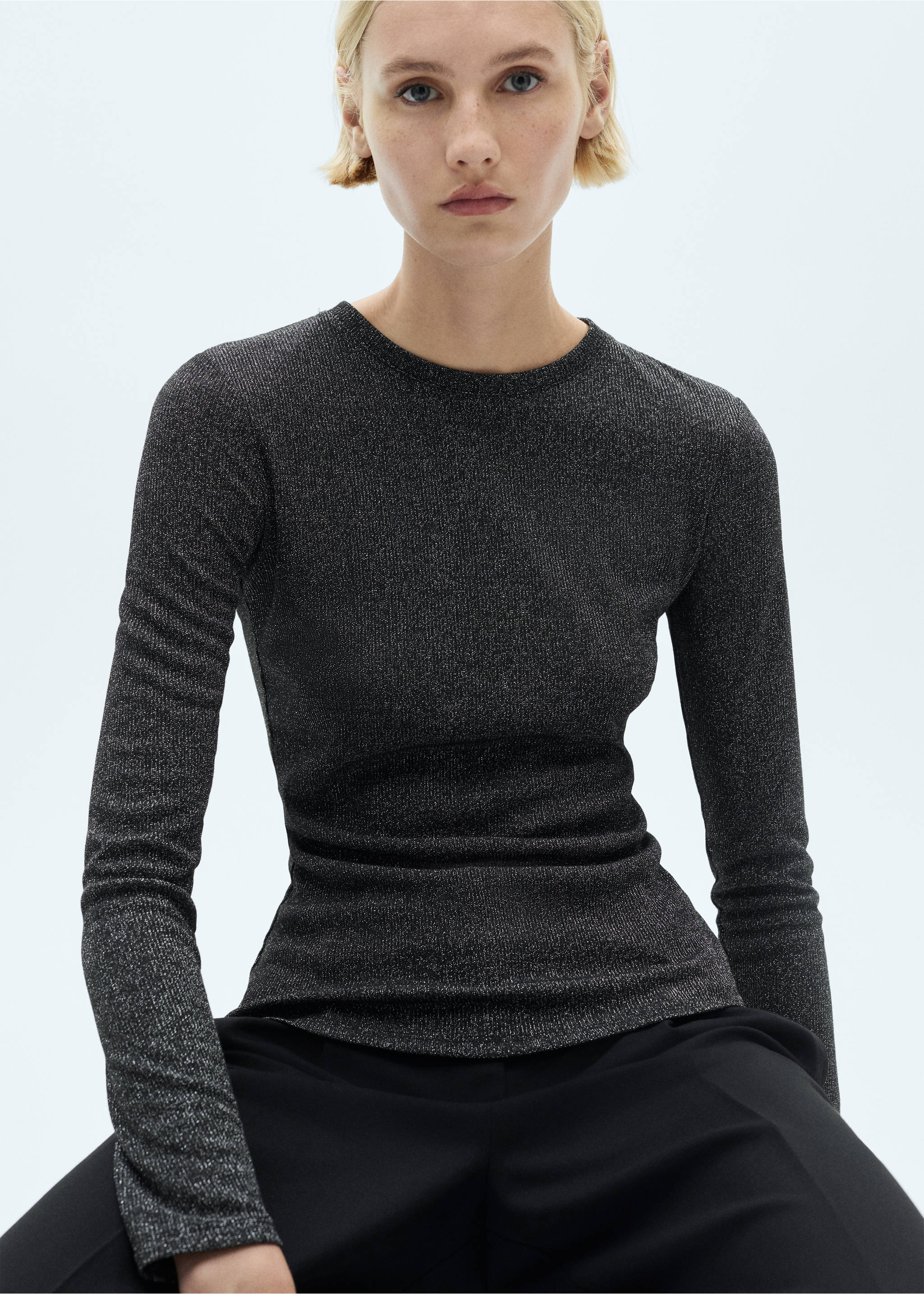 Lurex knitted t-shirt - Medium plane, Black. Ref: 87010439-00.