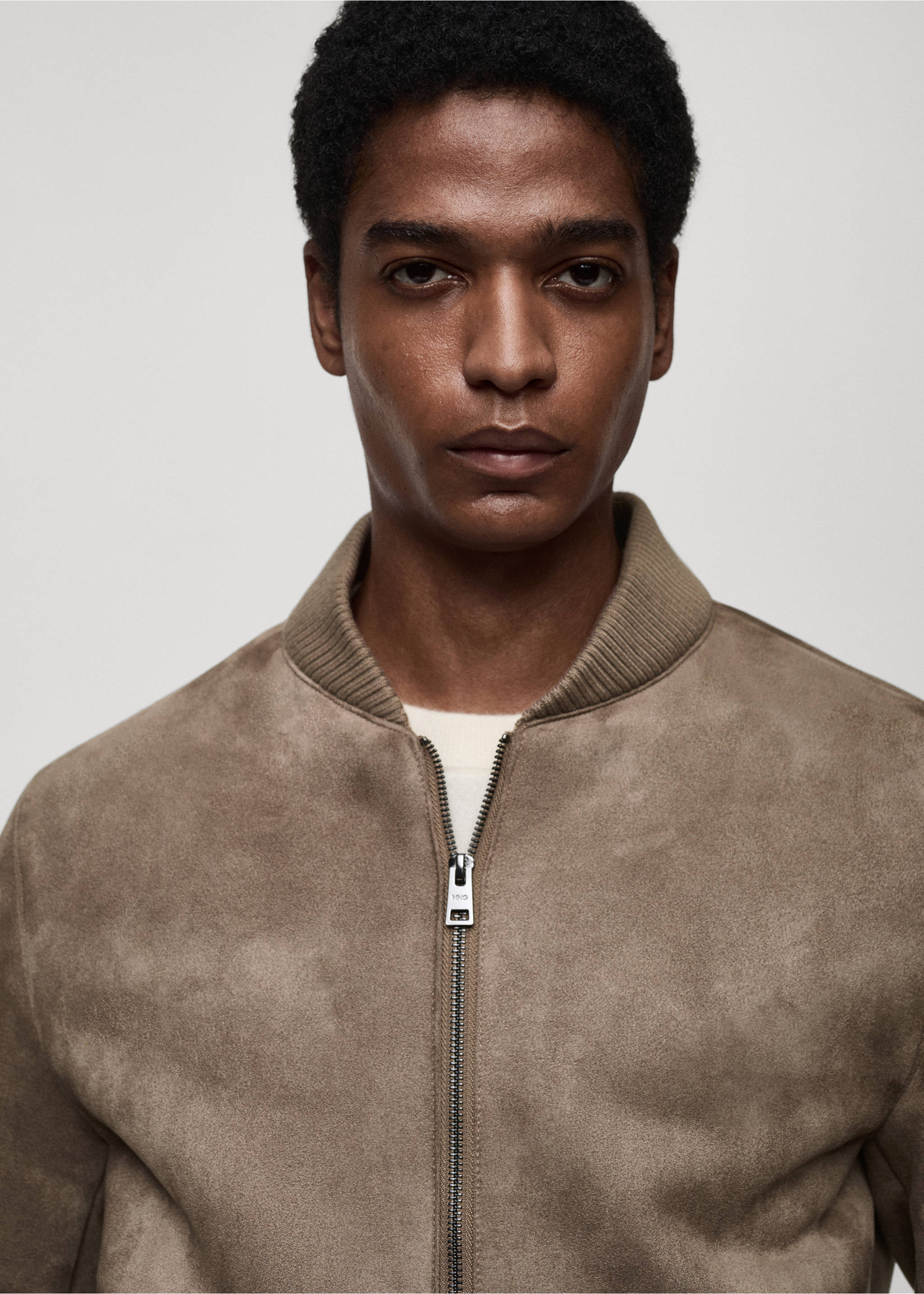 Suede-effect bomber jacket - Details of the article 1, Medium Brown. Ref: 87010584-00.