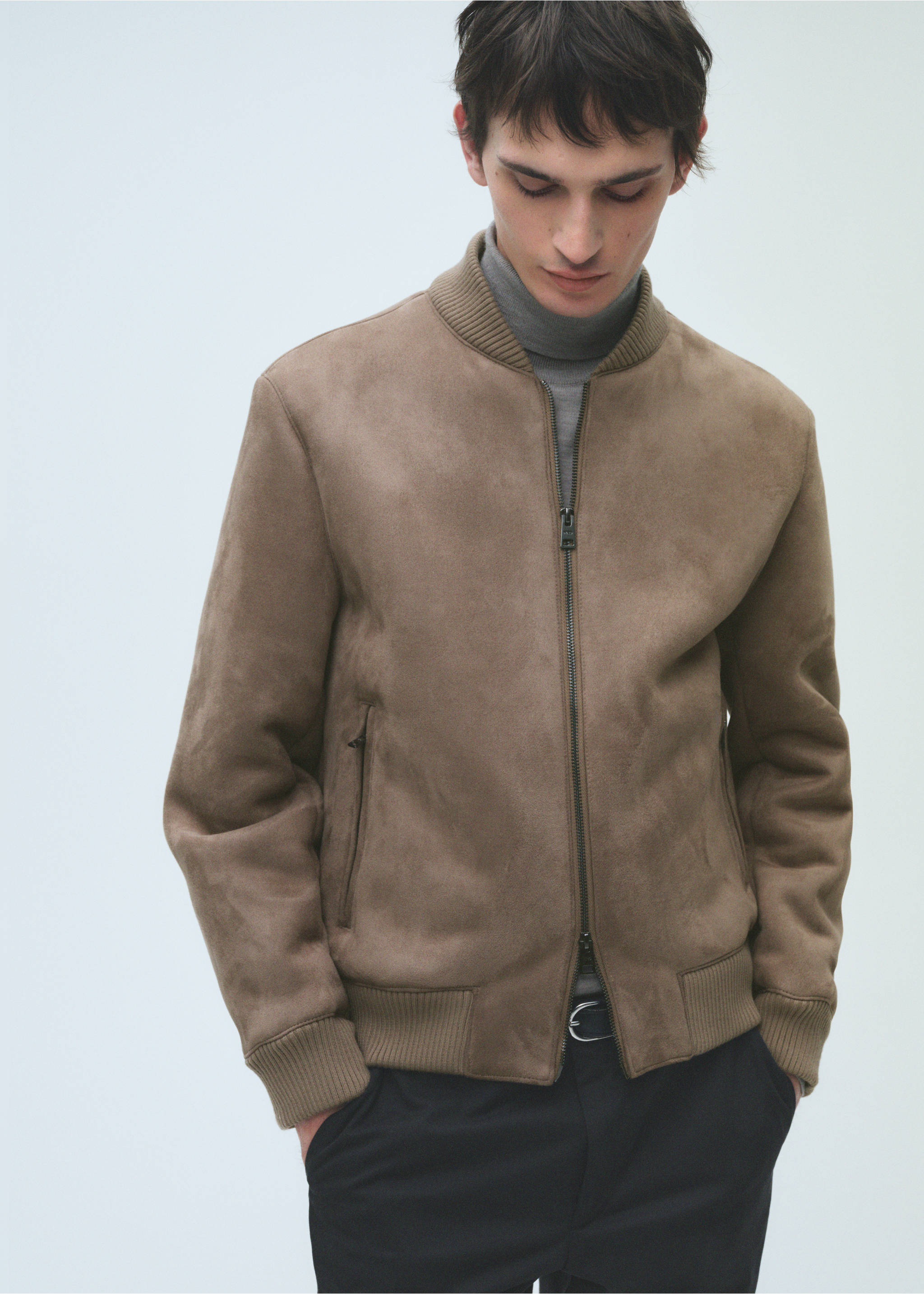 Suede-effect bomber jacket - Details of the article 5, Medium Brown. Ref: 87010584-00.