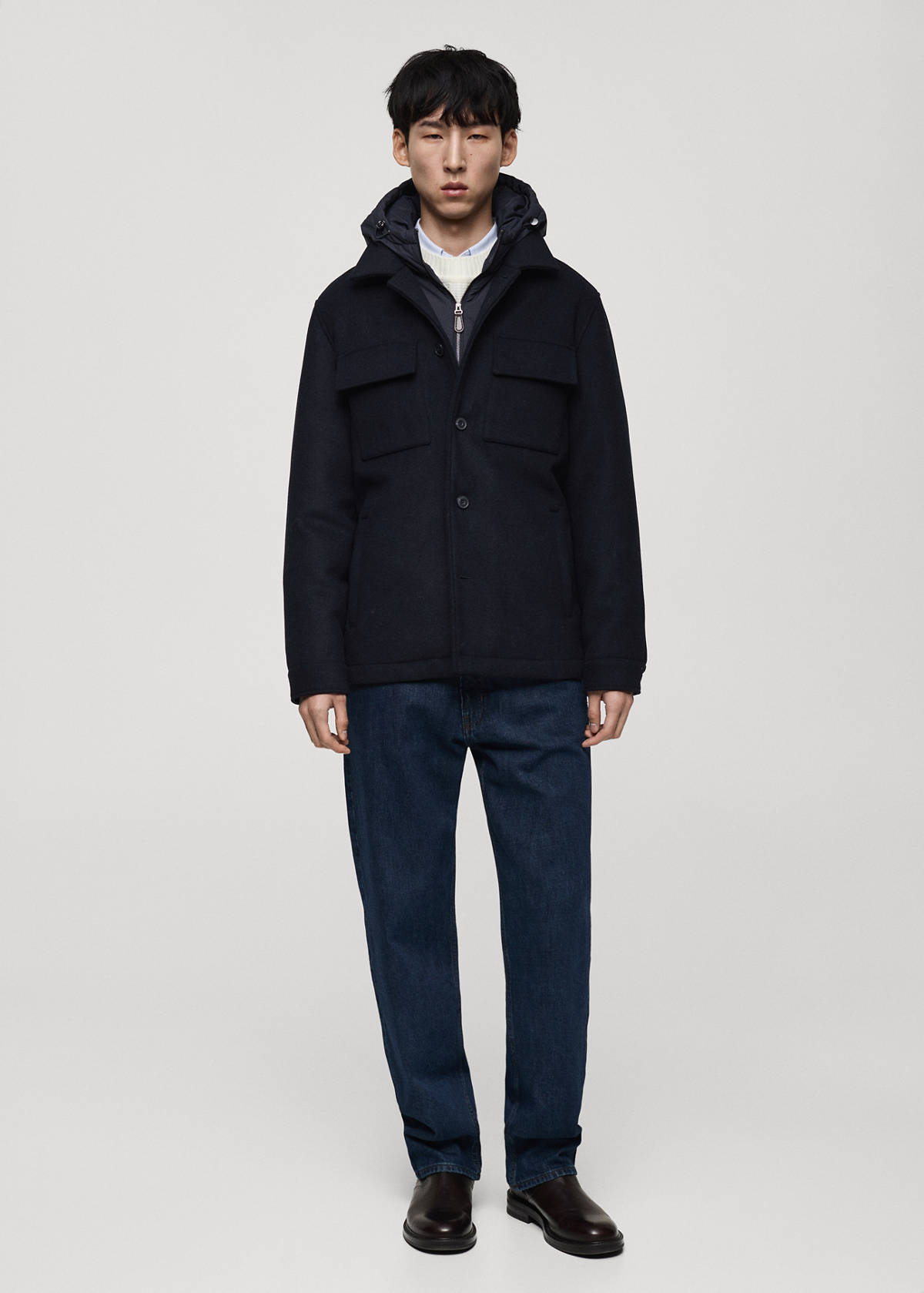Wool blend coat with detachable hood