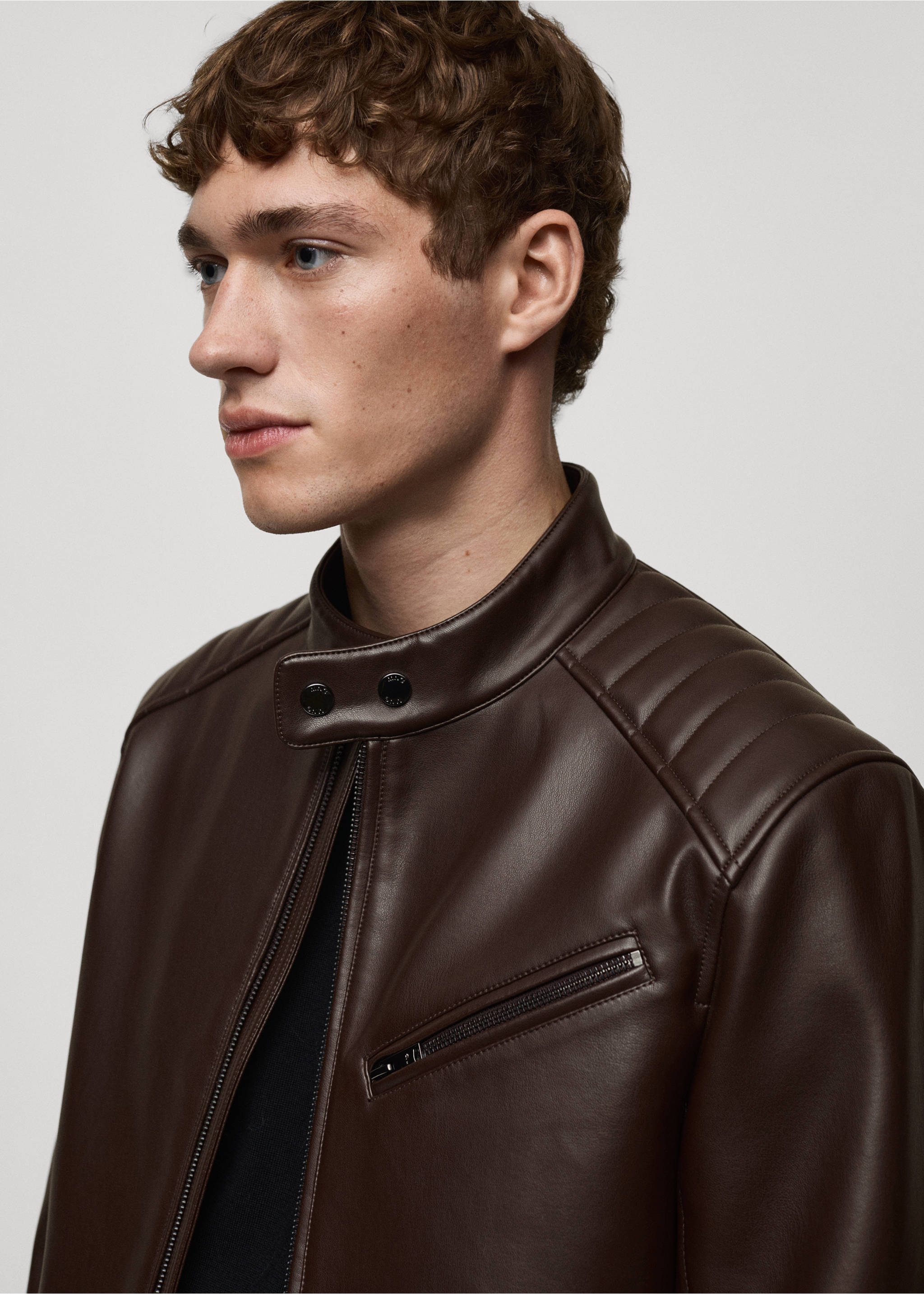 Faux leather jacket with stitching detail - Details of the article 1, Brown. Ref: 87010586-00.