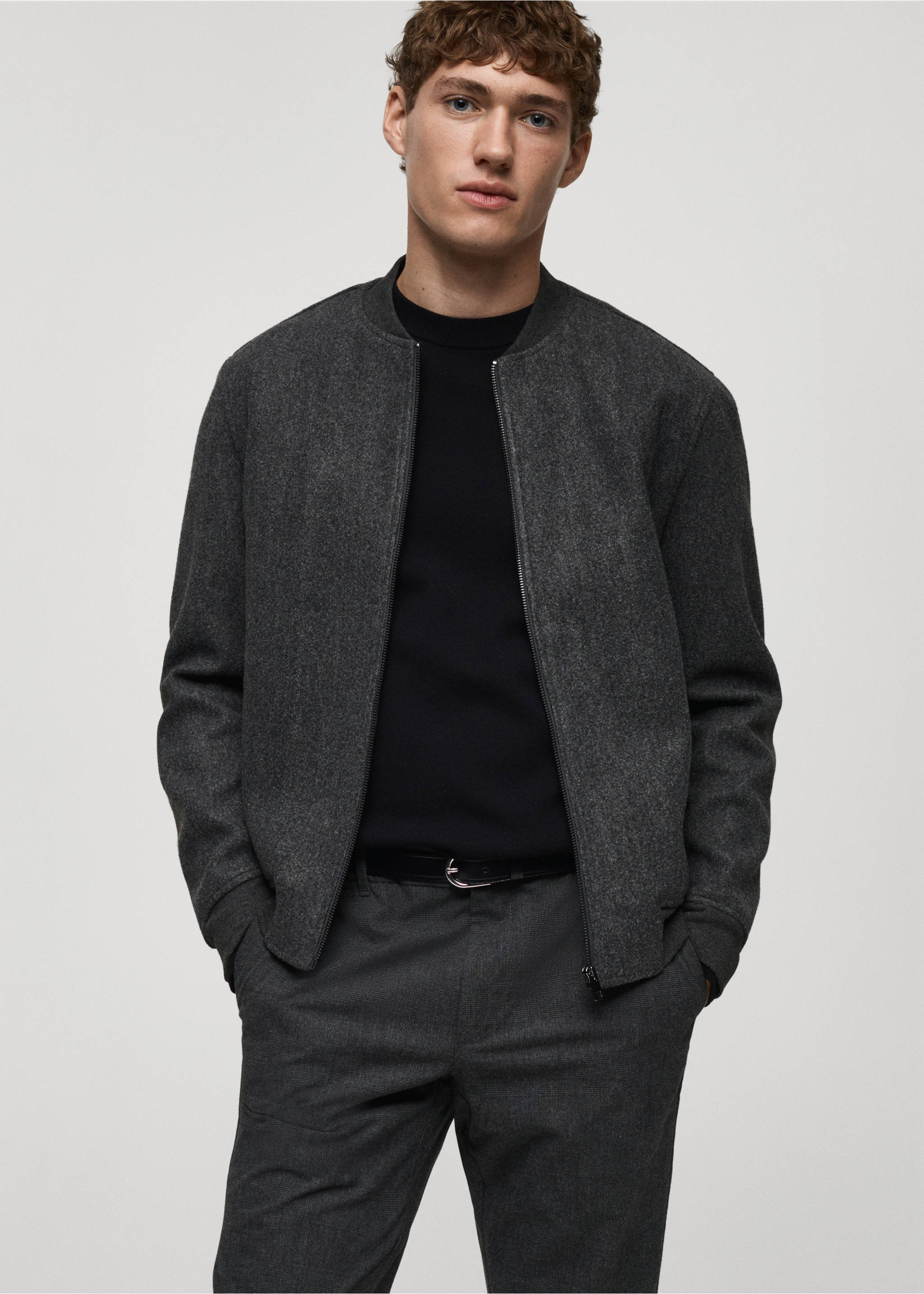 Regular-fit flannel bomber jacket - Medium plane, Dark Heather Grey. Ref: 87010596-00.