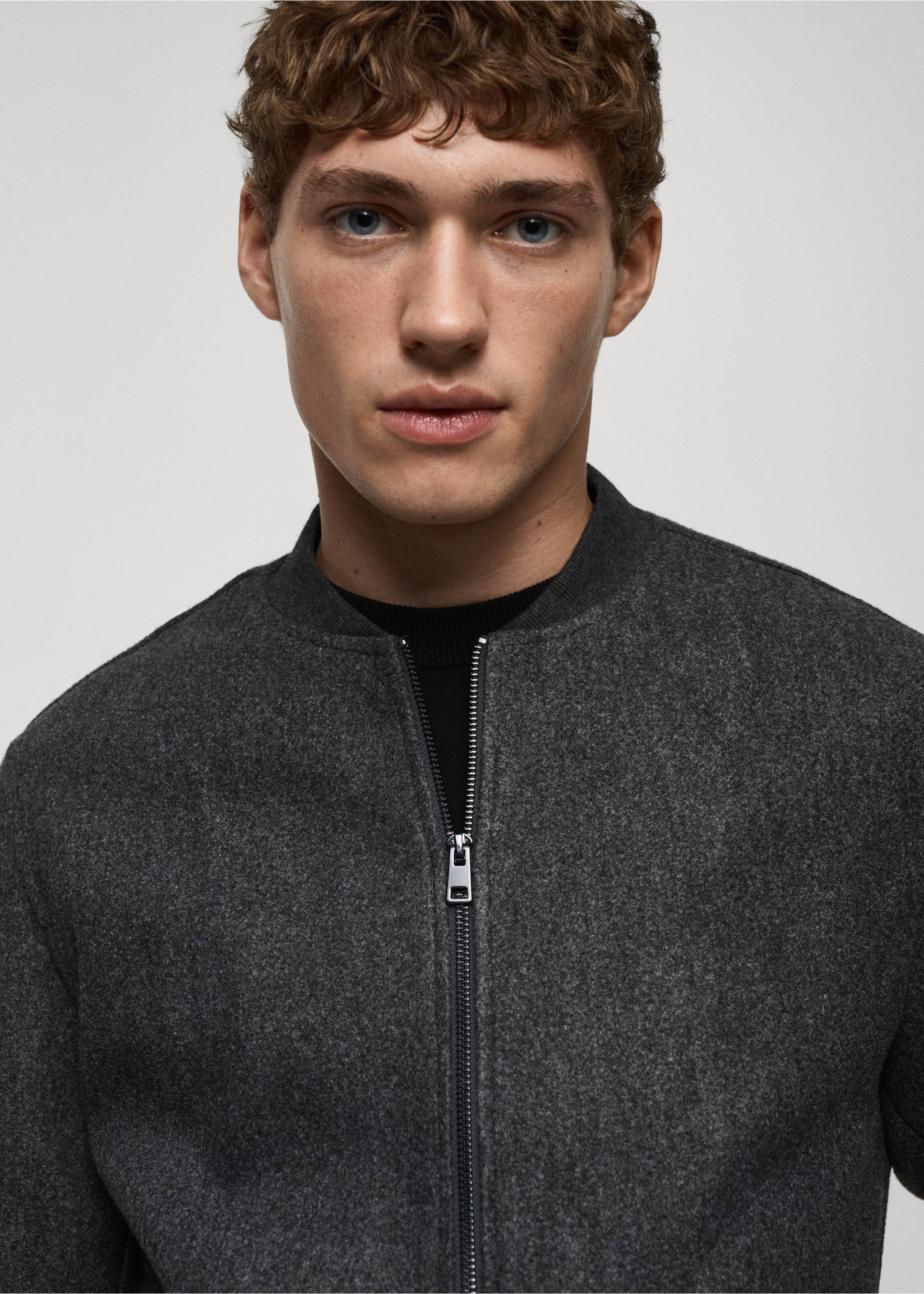 Regular-fit flannel bomber jacket - Details of the article 1, Dark Heather Grey. Ref: 87010596-00.
