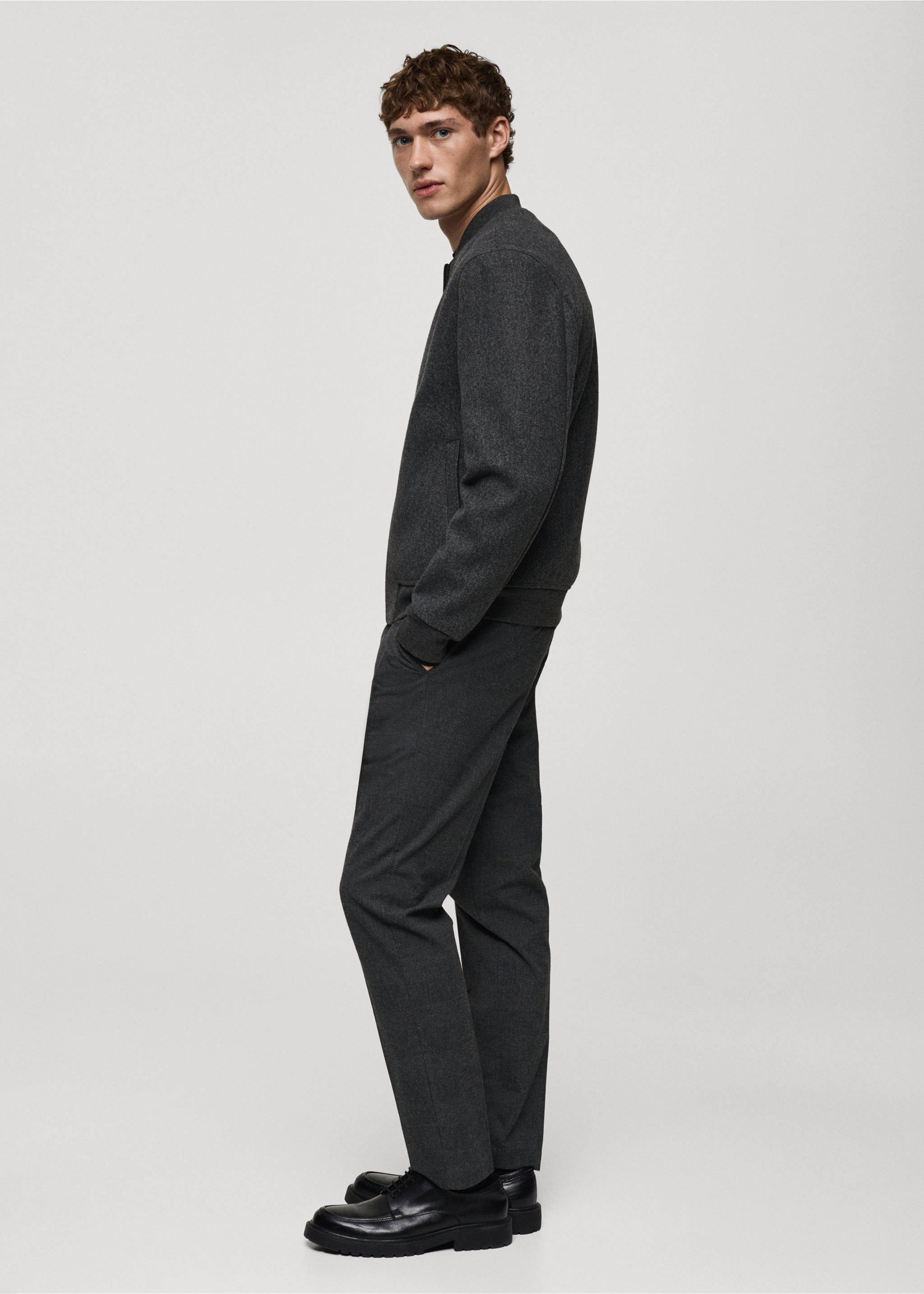 Regular-fit flannel bomber jacket - Details of the article 2, Dark Heather Grey. Ref: 87010596-00.