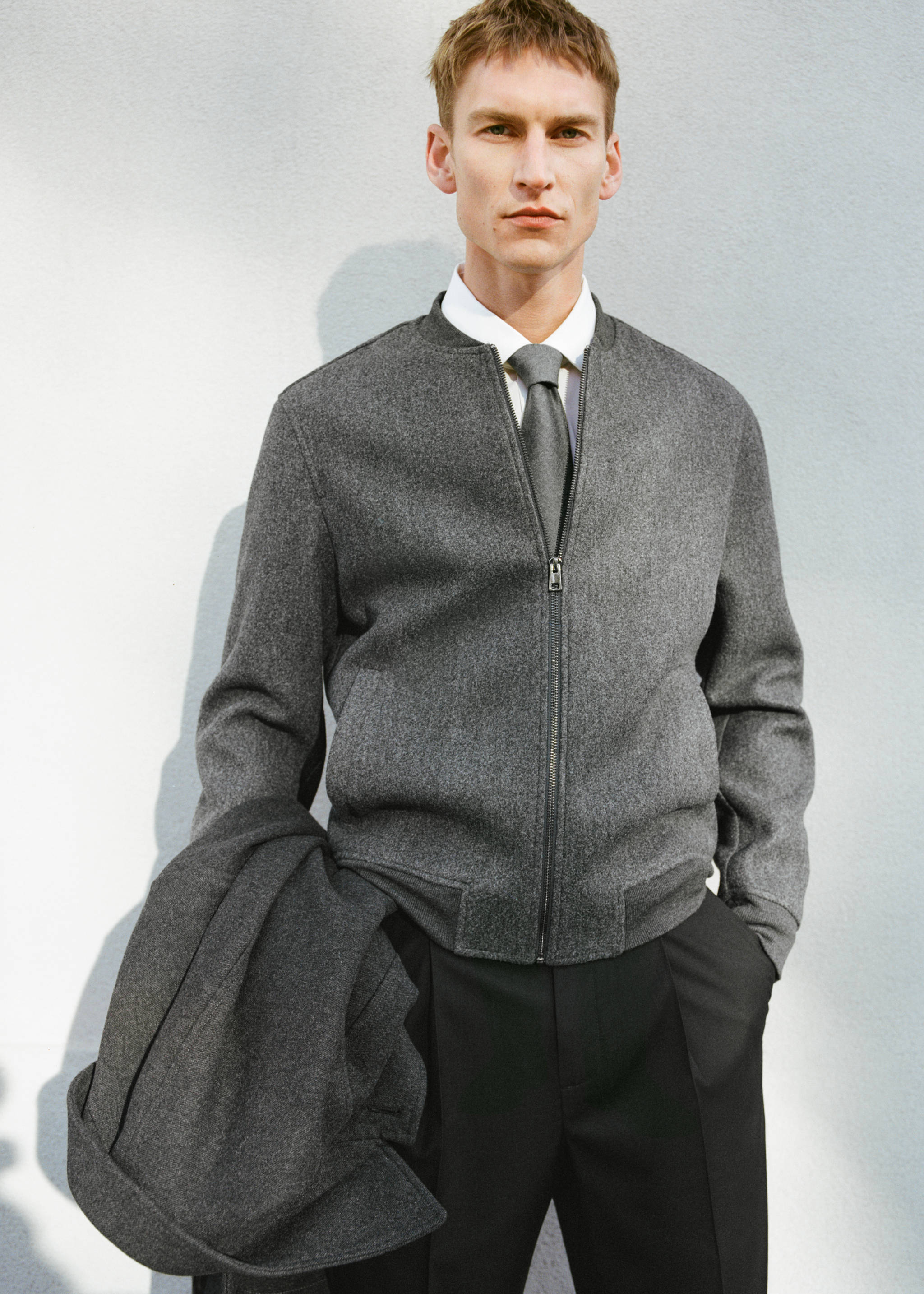 Regular-fit flannel bomber jacket - Details of the article 3, Dark Heather Grey. Ref: 87010596-00.