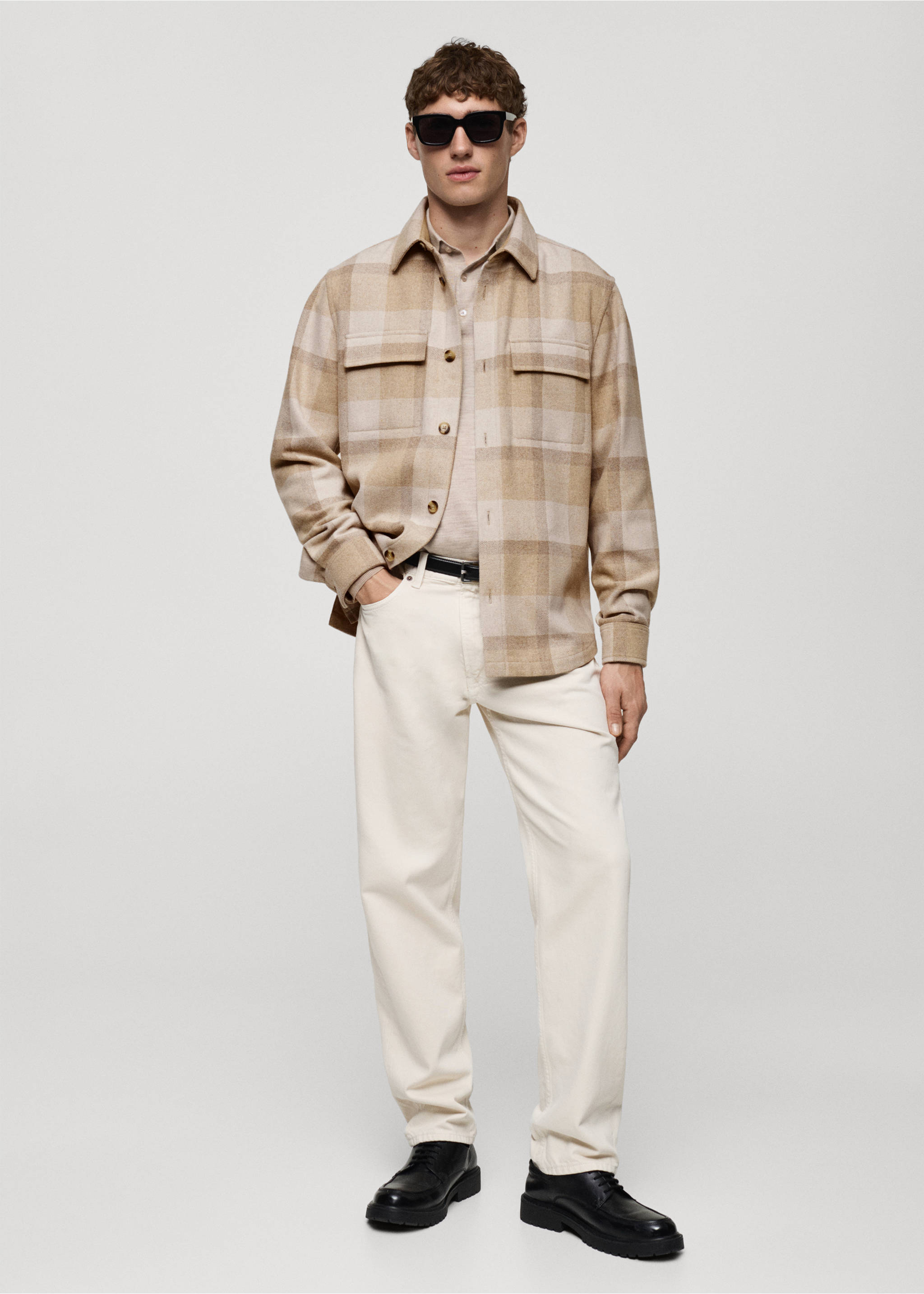 Kariertes Overshirt aus Wolle mit Flanell - Allgemeine Ansicht, Beige. Ref: 87010599-00.