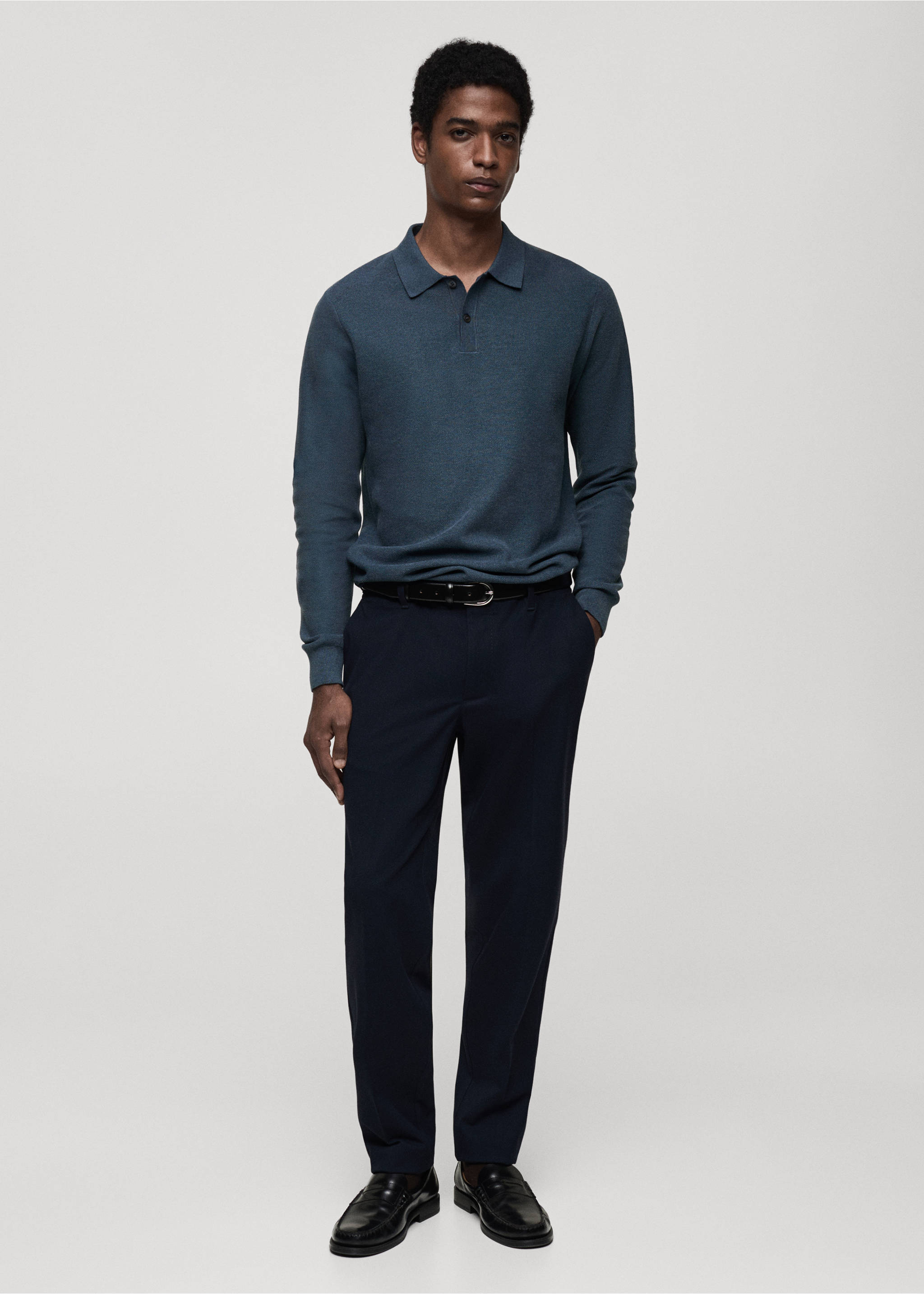 Micro-structured cotton knitted polo shirt - General plane, Indigo Blue. Ref: 87010601-00.