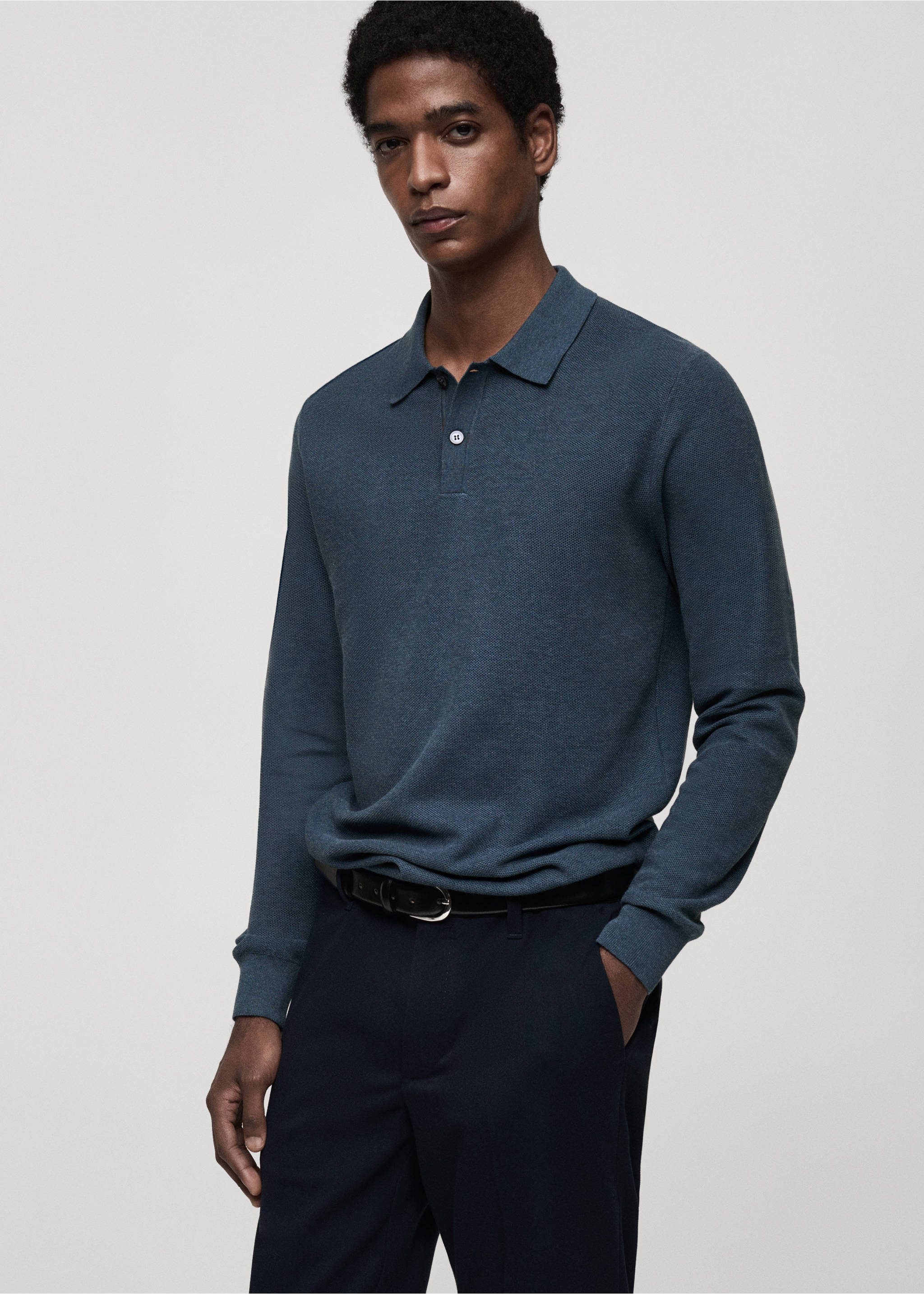 Micro-structured cotton knitted polo shirt - Medium plane, Indigo Blue. Ref: 87010601-00.